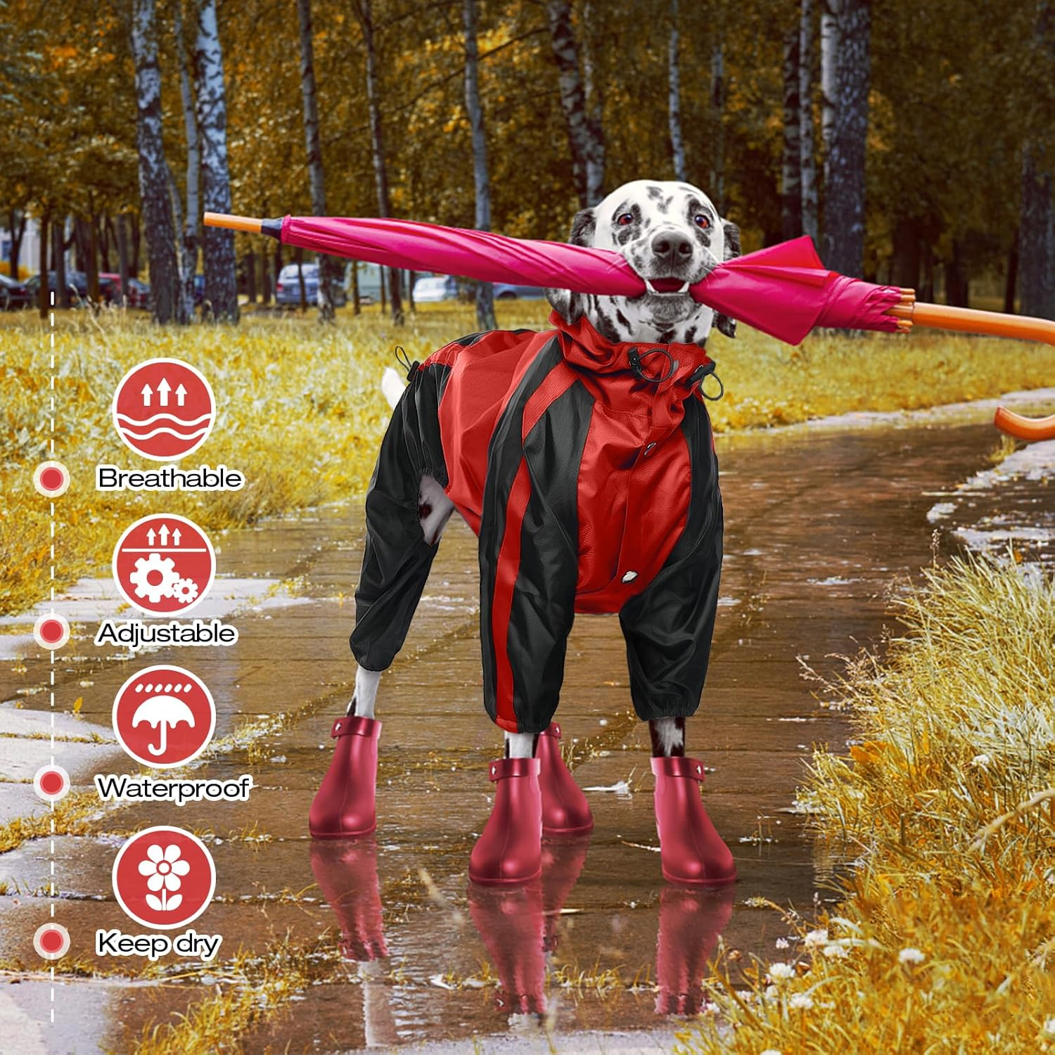 OUOBOB Dog Raincoat, Waterproof Dog Rain Coats for Large Dogs, Lightweight Rain Jacket, Adjustable 4 Legs Pet Poncho with Hood, Snow-Proof Dog Vest Rainwear, Rain Clothes Apparel with Leash Hole