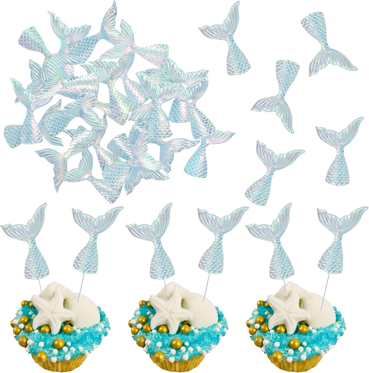 Ephlyn 24Pcs Acrylic Mermaid Tails Cupcake Toppers Mini Wrappers Mermaid Tail Figurines Cake Decorations for Mermaid Party Birthday Party Baby Shower Party Supplies Favors Blue Silver