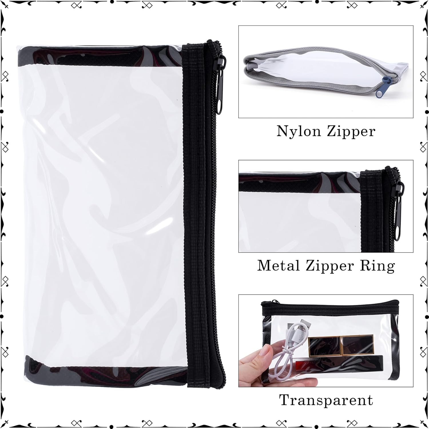 BEIQIYA 2Pcs Mini Clear Zipper Makeup Pouches, Small TPU Portable Cosmetic Bags, 6.3X3.5In Waterproof Makeup Pouch Purse Organizers for Jewelry Travel Supplies Storage- Black & Grey image number 3