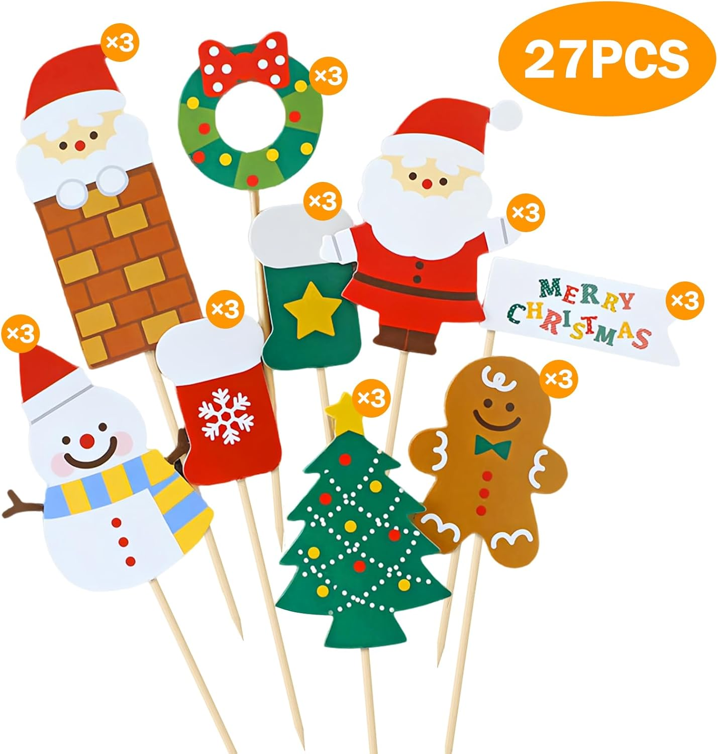 Christmas Cupcake Toppers 27Pcs Cake Decorations Toothpick Xmas Party Merry Christmas Cupcake Picks Yulefest Snowman Santa Claus Funny Cake Topper for Xmas Holiday Birthday Party Decorations (27) - 27 image number 2