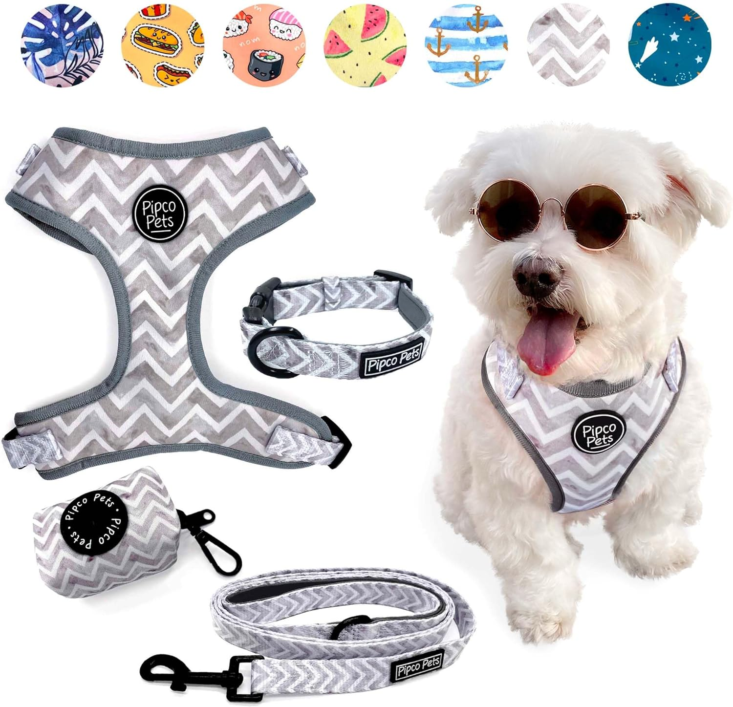 4-Piece Walkies Bundle [Pipco Pets] - Adjustable Dog Harness + Collar + Lead + Poo Bag Dispenser | Cute Colourful Patterns | Perfect Fit, Escape Proof Vest | Safe and Secure | (M, Gettin' Ziggy) image number 4
