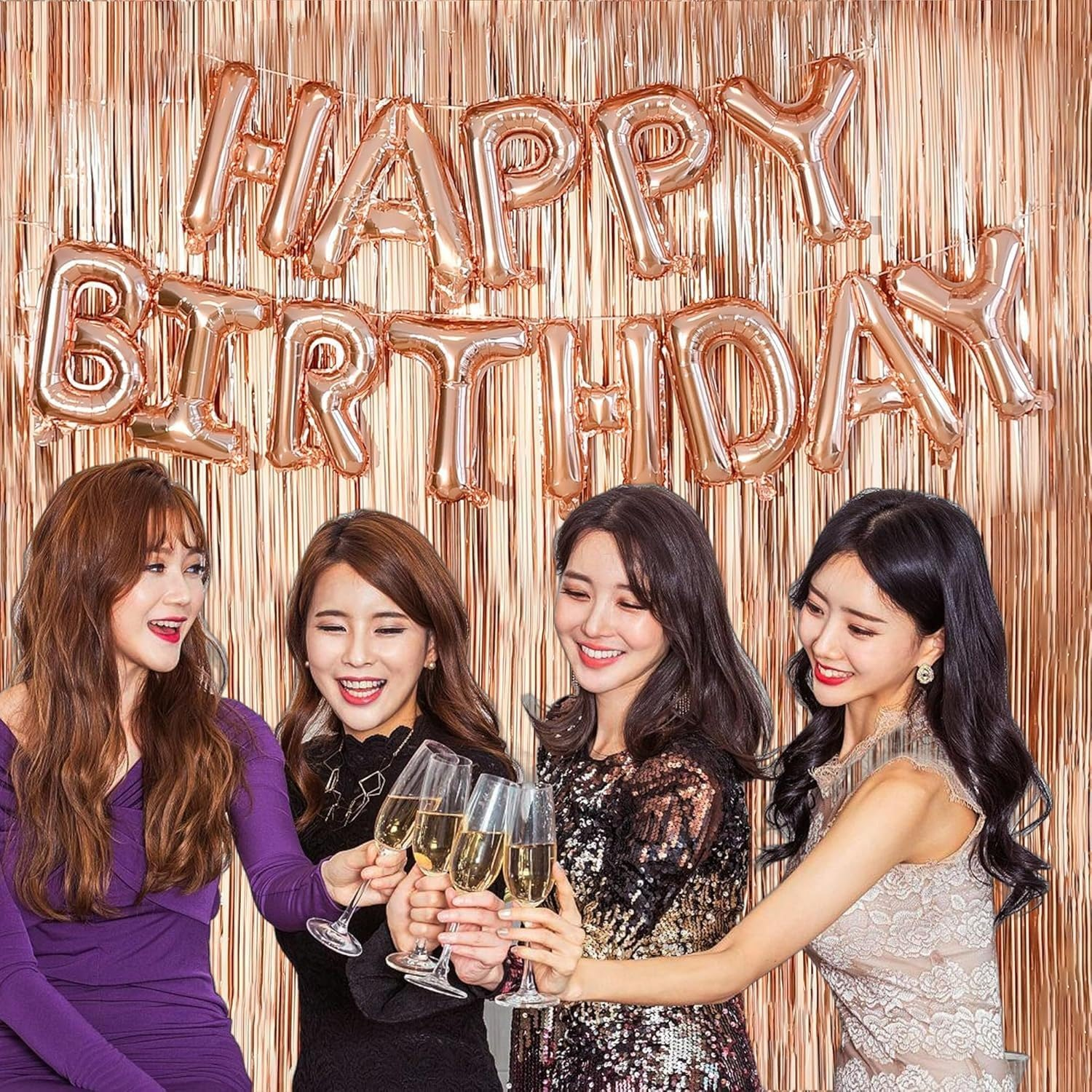 Rose Gold Birthday Decorations for Women, Girls Princess Happy Birthday Party Banner Pink Gold Bachelor Party Balloon with Fringe Curtain, Hearts, Wine Glasses, Crown , Love Aluminum Balloon image number 2