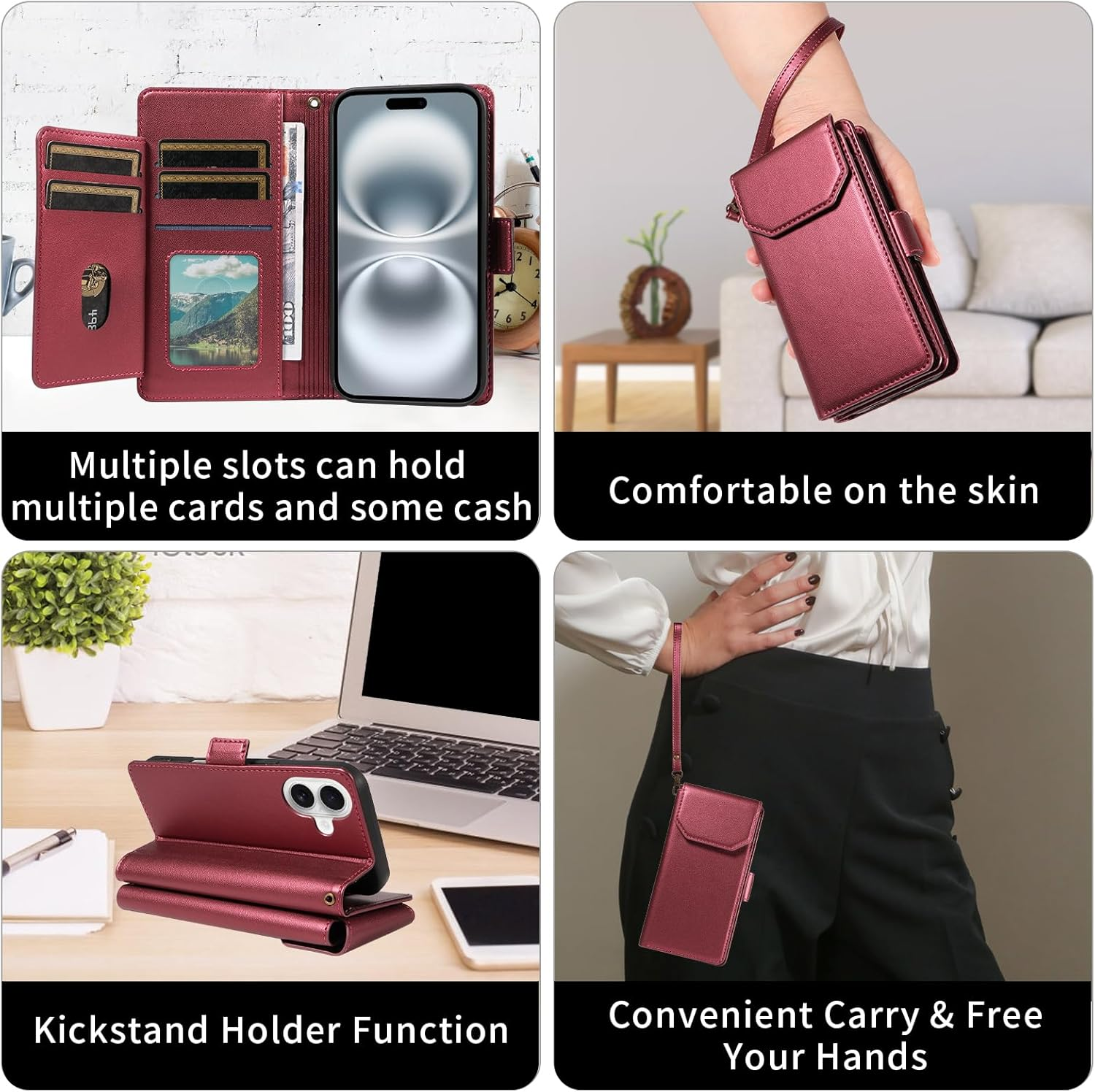 For Iphone 17 Pro Wallet Case with Card Holders Money Slots Wrist Strap,For Iphone 17 Pro Leather Folio Flip Case Kickstand Phone Cover-Wine Red image number 3