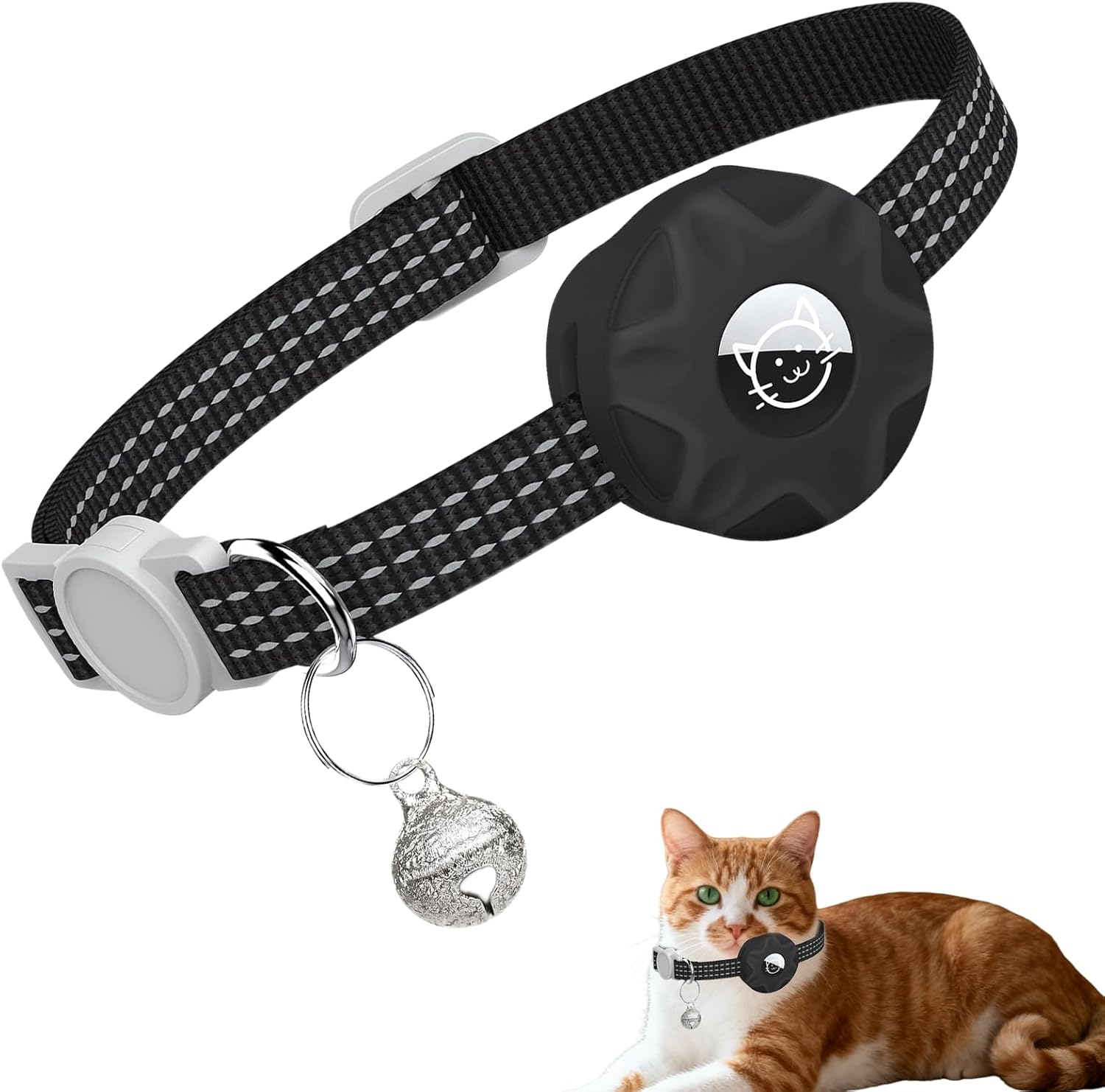 Cat Collar for Airtag Holder, Lightweight Cat Tracker for Kitten and Puppy, Waterproof and Reflective with Bell (Black)