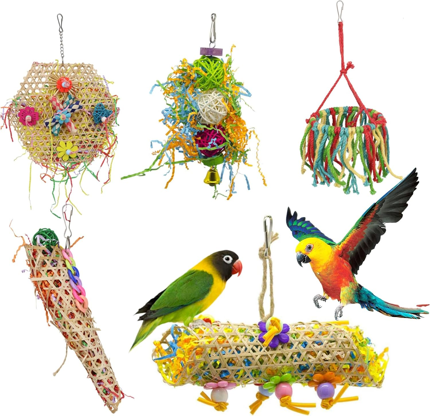 SUSOO 5 PCS Bird Chew Shredding Toys, Natural Foraging Toy with Rope Perch Swing, Interactive Hanging Funny Cage Accessories for Parrot, Parakeets, Budgies,Conures, Cockatiel,Lovebirds and Finches image number 3