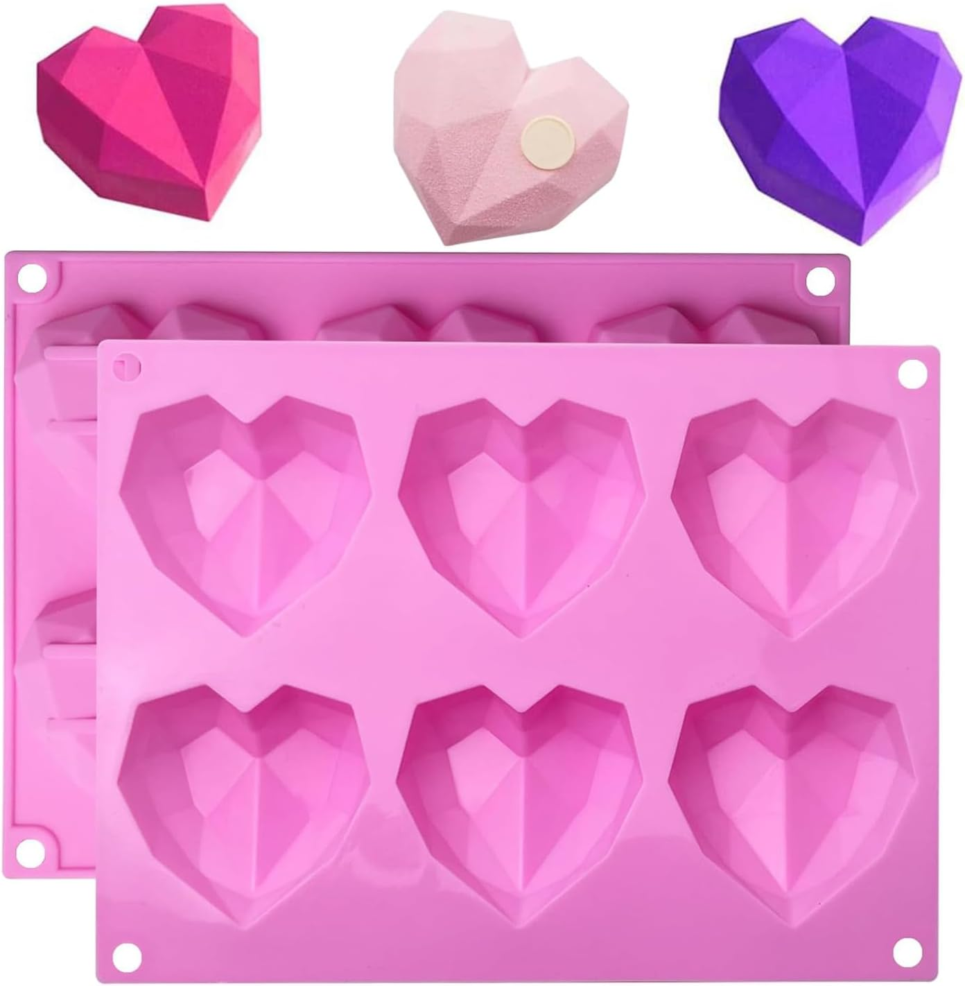 2 Pcs 3D Diamond Heart Silicone Mold, 6 Cavity Silicone Chocolate Moulds, Non Stick Chocolate Mould Baking Dessert Molds for Chocolate, Pudding, Jelly, Ice Cubes, Soap