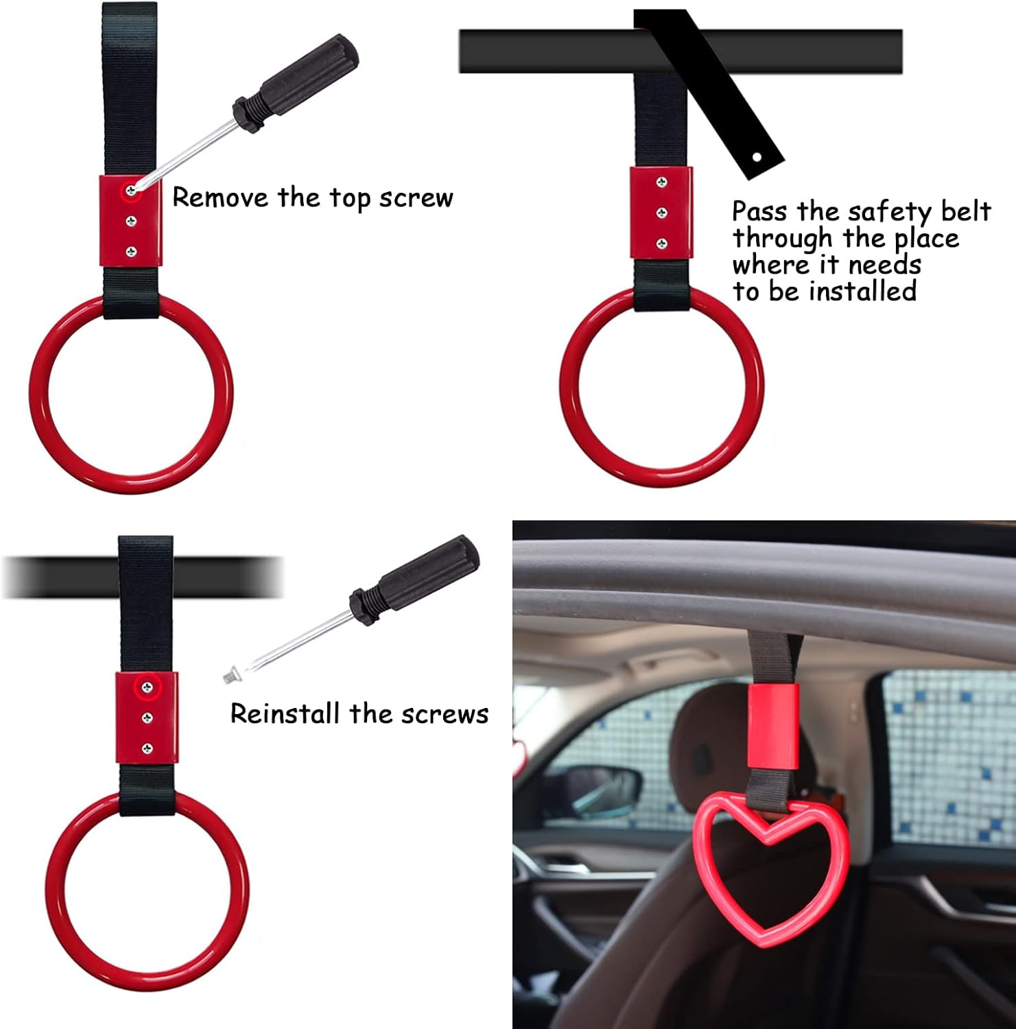 Betterjonny 4 Pieces Tsurikawa round Heart-Shaped Car Hand Straps, ABS Ring Heart-Shaped Car Hand Strap Decorative Warning Loops with Screwdriver for Car Motorcycle Interior Exterior Decoration (Red) image number 3