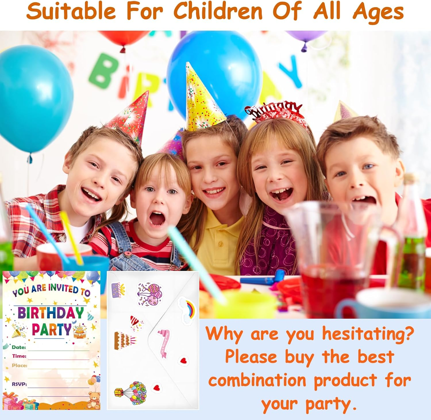 16Pcs Birthday Party Invitations with Envelopes＆ Stickers Set, 5 "X7" Cake Birthday Party Invitation for Boys and Girls, Celebration Invitation for Teenagers, Balloon Gift Box with Birthday Hat and Cake Celebration Decoration image number 4