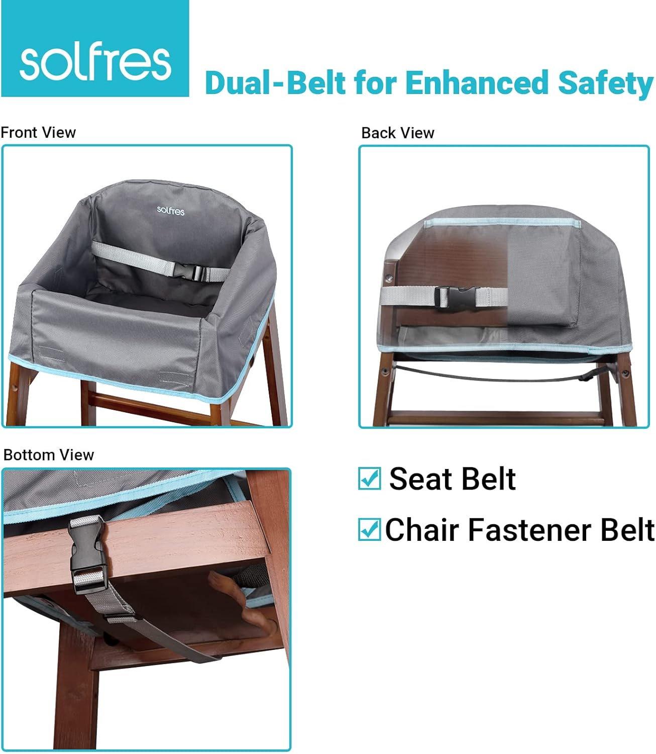 Dual-Belt Baby High Chair Cover, Upgrade Version, for Wooden or Restaurant High Chair, Sturdy and Robust Material, Waterproof Washable Stain and Slip Resistant, Gray - Gray image number 5