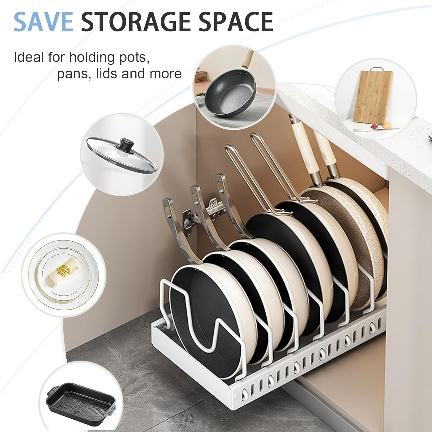 2 Pack Pots and Pans Organizer for Cabinet, Pull Out Pots and Pans Organizer under Cabinet, Pan Organizers Storage with 8 Adjustable Dividers for Pot Lid, Dishes (White) image number 3