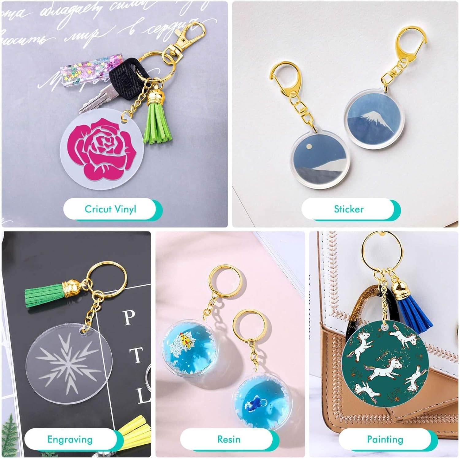 120Pcs Acrylic Keychain Blanks, Craft Tassels Keychain, Bulk Acrylic Keychain for Craft Set with Acrylic Blanks, Key Rings, Tassels and Jump Rings, DIY Keychain Supplies image number 1