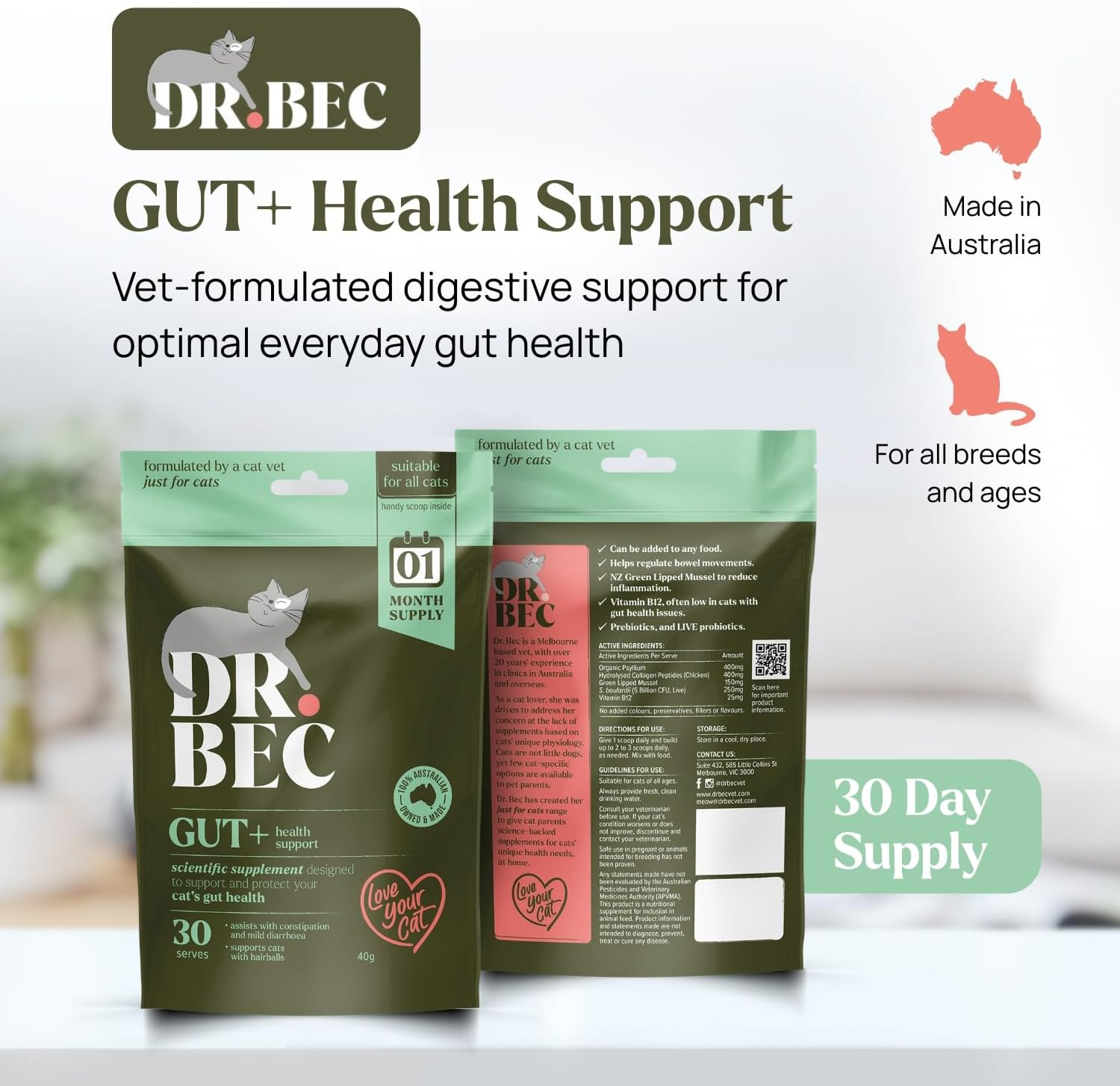 Dr Bec Gut+ Cat Supplement, with Prebiotics, Probiotics, Collagen and B12, Supports Digestive Health, Regular Digestion and Nutrient Absorption, Made in Australia, All Breeds and Ages image number 1
