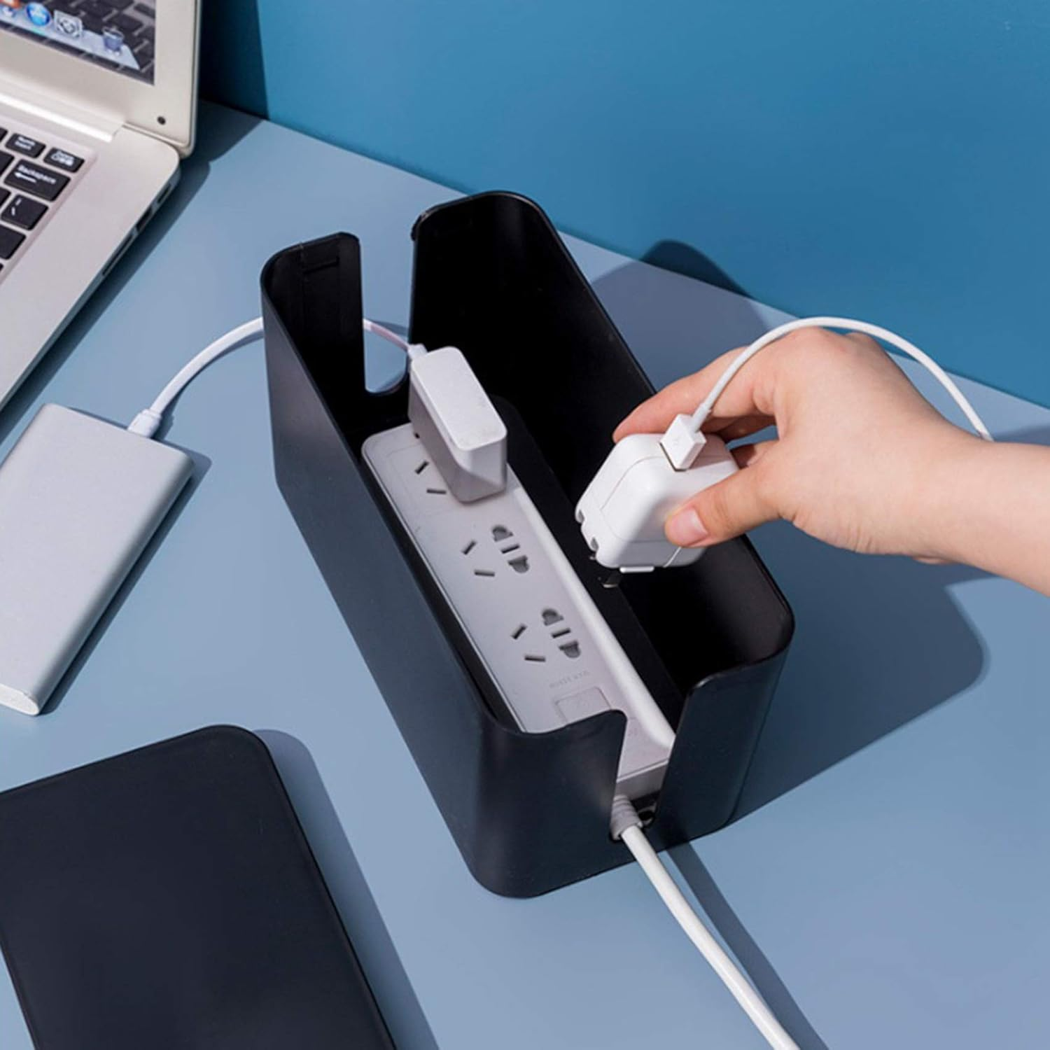 RESFNSE Cable Management Box Cord Organizer Power Strip Surge Protector Cover TV Cord Box for Home Office - Black - 23.5X12X11.5Cm image number 2