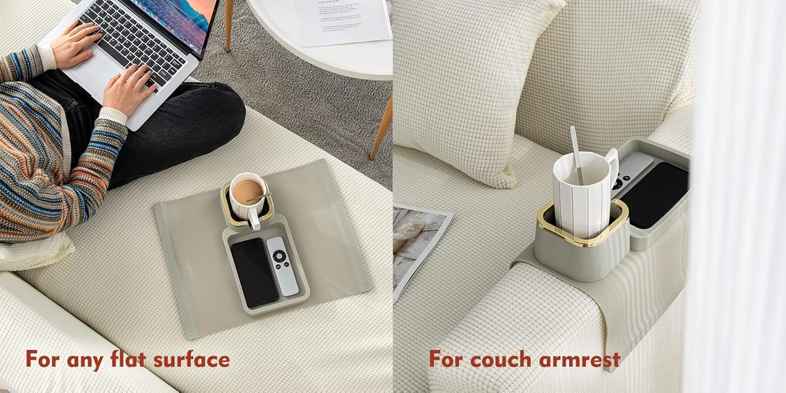 Couch Cup Holder Tray, Elimiko Silicone Anti-Spill and Anti-Slip Couch Drink Holder, Strong and Weighted Phone/Remote/Snacks Sofa Cup Holder, Gifts for Mom, Dad, Husband, Grandma (Purplish Blue) image number 2