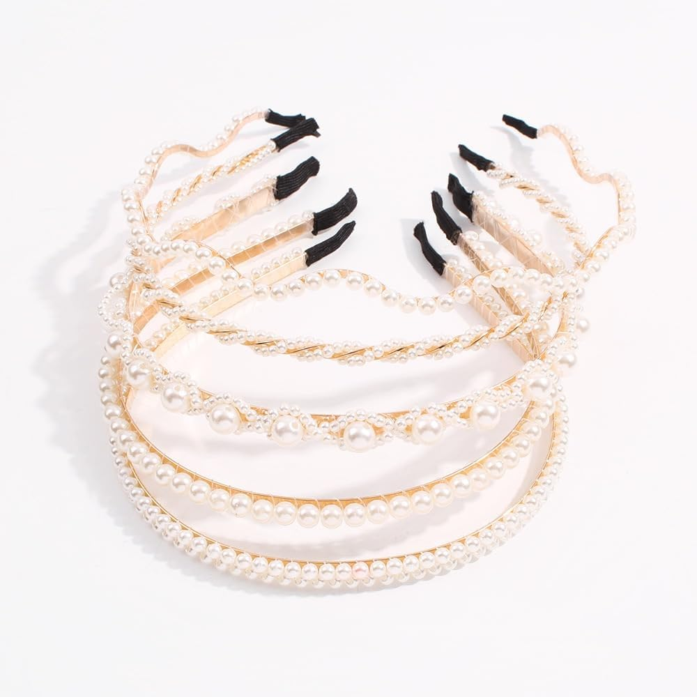 Headband with Pearls, Women'S Pearl Headband, Pack of 5, Elegant White Faux Pearls, Hair Accessories for Women, Girls, for Wedding, Birthday, Party, Valentine'S Day image number 4