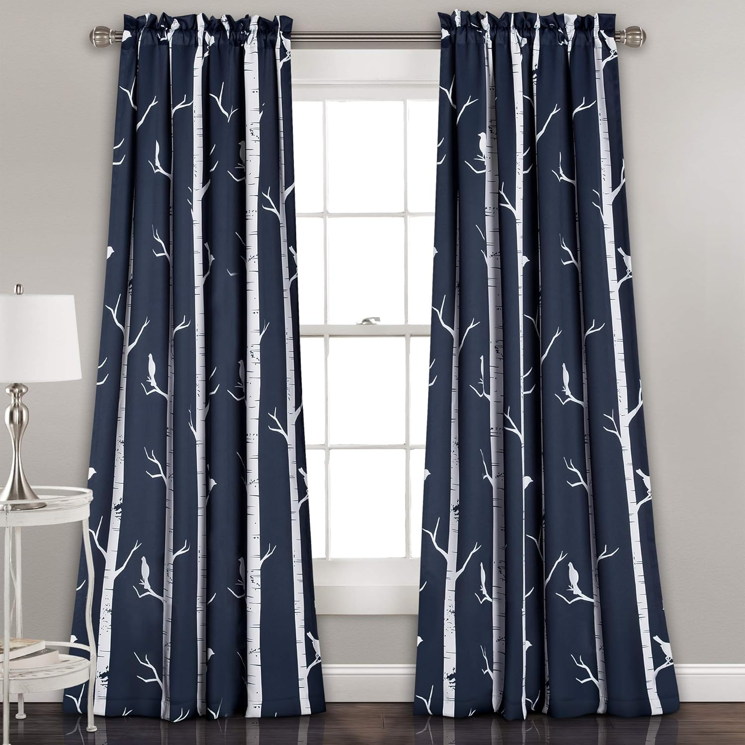 Lush Decor 16T000562 Bird on the Tree Room Darkening Window Panel Curtain Set, 84" X 52", Navy