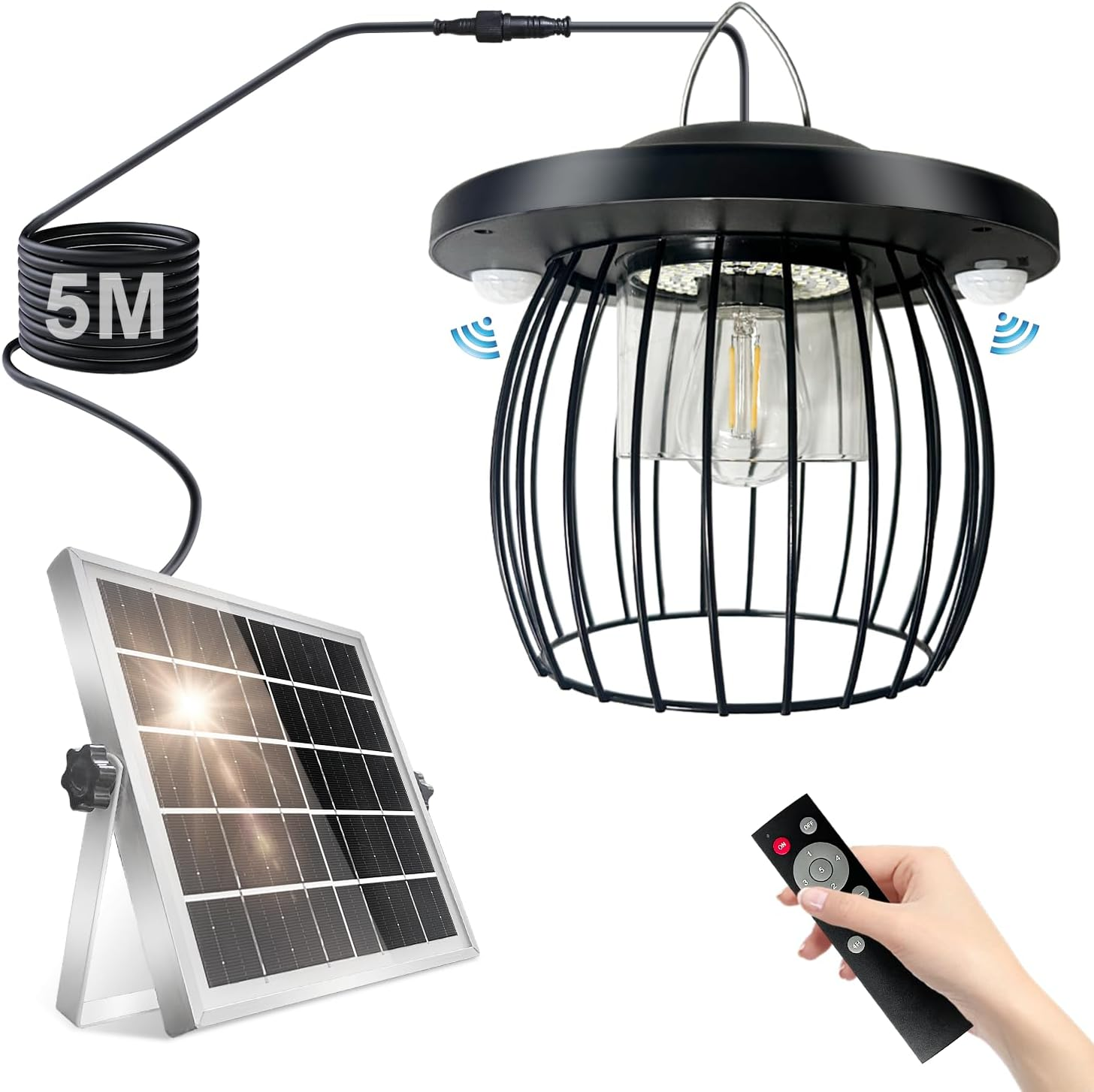 Solar Pendant Light Outdoor, Hanging Lantern with Motion Sensor, Remote Control Shed Light, Security Lighting Fixtures, 4400Mah Rechargeable Panel IP65 Waterproof for Yard, Patio, Gazebo image number 5