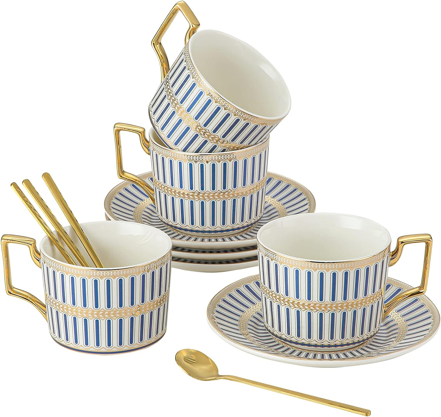 Cwlwgo-European Style Ceramic Coffe Cup and Saucer Sets, 7 Oz Bone China Beautifully Glazed Blue Gold Tea Cup Set, Golden Spoon,Cappuccino, Latte, Suitable for Women'S Gifts (4 Pack).&hellip;&hellip;