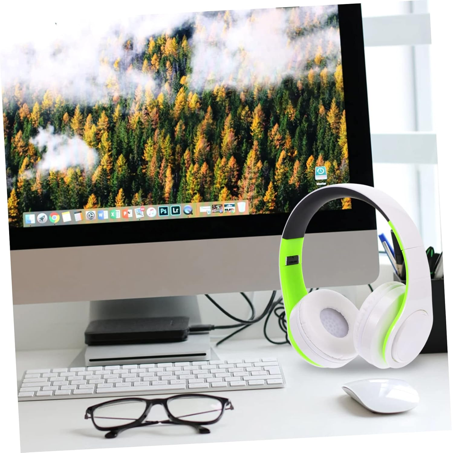 KALLORY Wireless Headset over Ear Foldable Wireless Headphones Noise Cancelling Headset for Office and Sports with Wireless Connectivity Aux in Green White image number 3