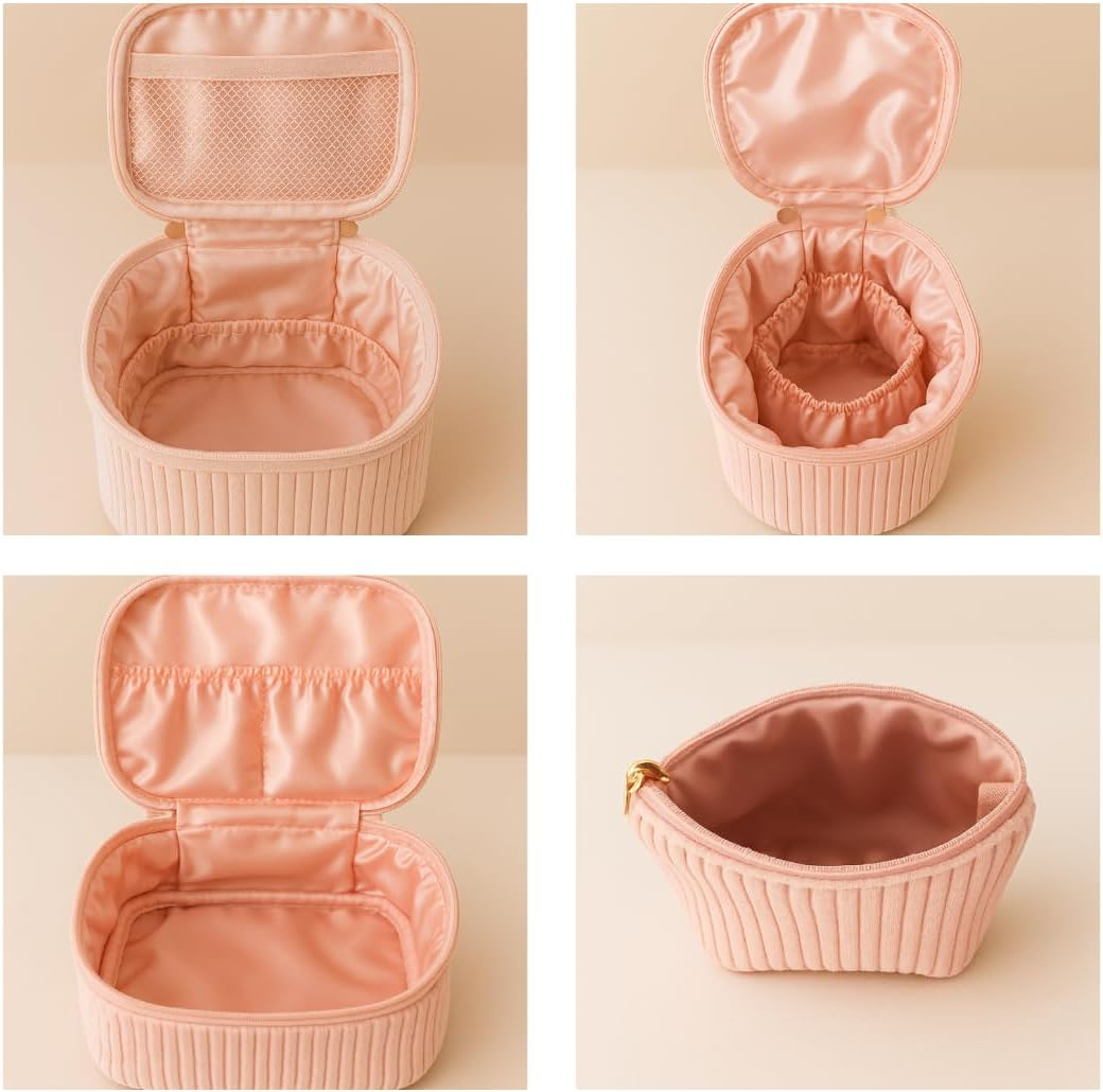 Set of 4 Cosmetic Bags - Cosmetic Bag Made of Corduroy Pink - Makeup Bag, Make up Bag, Wash Bag for Travel, Cosmetic Bag Women, Pink, Pink Cosmetic Bag with Golden Zip image number 4