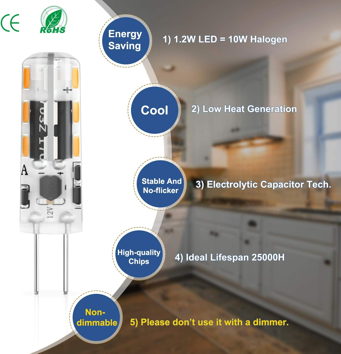 Dicuno G4 LED Light Bulbs, 1.2W (10W Halogen Equivalent), 120LM, Warm White (3000K), 12V, Non-Dimmable G4 Bulbs for Home Lighting, 10-Pack - Warm White image number 1