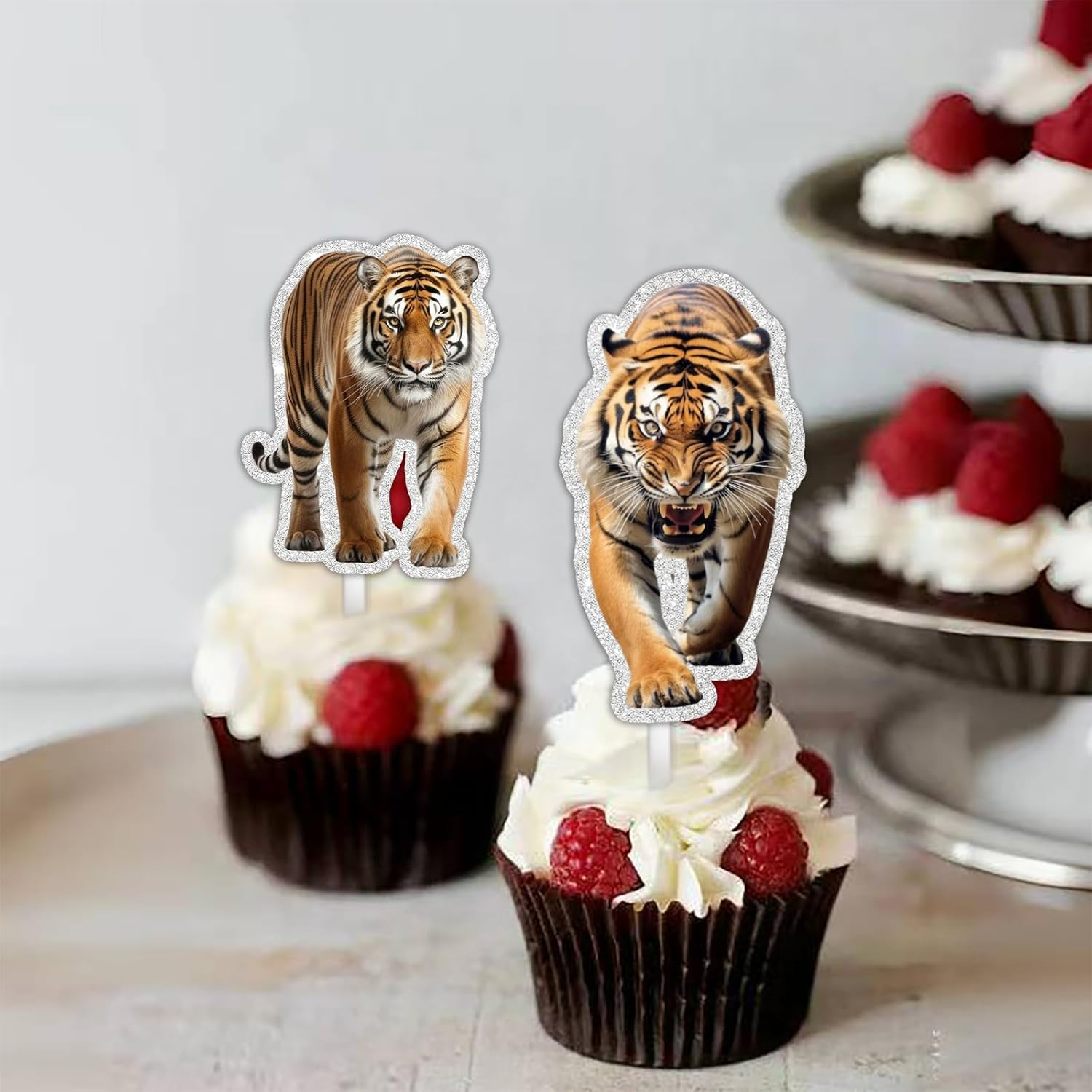 18Pcs Gold Glitter Tiger Dessert Cupcake Topper Pick for King of Animals Theme Decor Supplies Baby Shower Boy Girl Happy Birthday Party Decoration image number 6