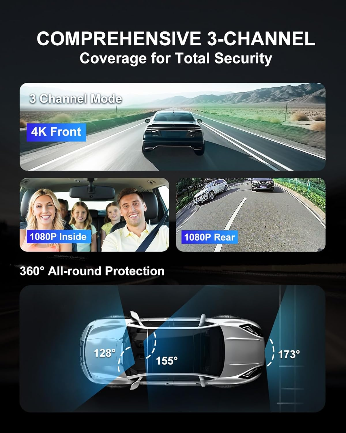 4K 3 Channel Mirror Dash Cam, 11" Triple Rear View Mirror Dash Camera Front inside Rear with WDR G-Sensor Parking Assistance, with 64GB Card, Waterproof Backup Camera for Car RV by STONVUE image number 1