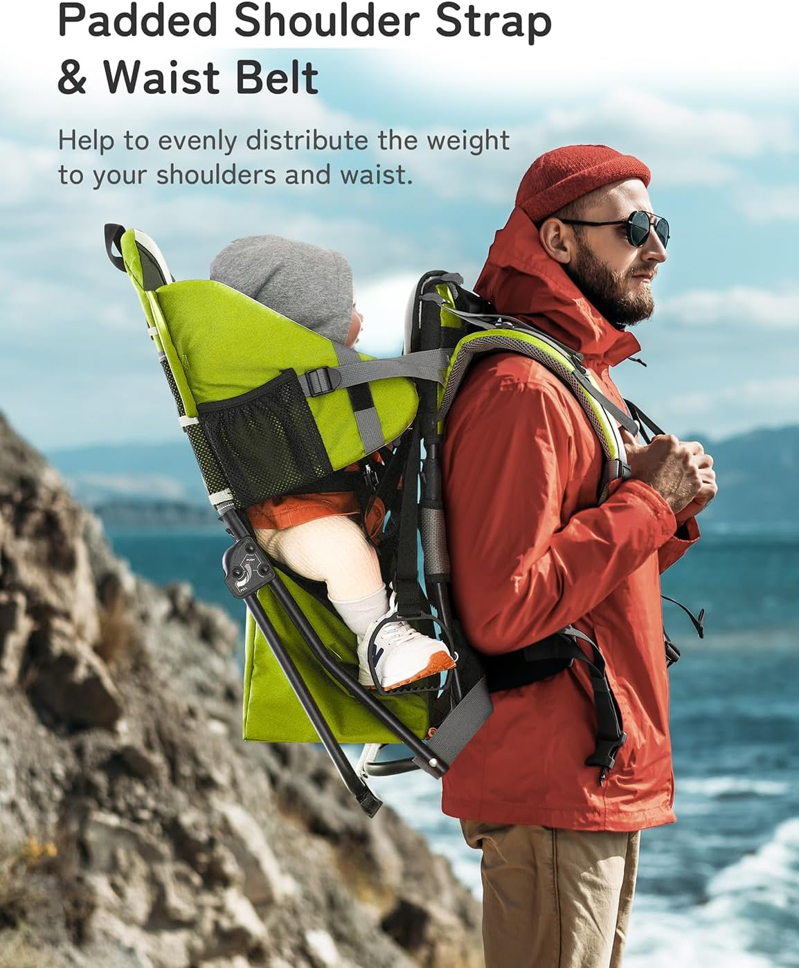 Besrey Baby Backpack Carrier, Toddler Hiking Backpack with Safety 3-Height Seat, Adjustable Straps&Waist Belt, Foldable Frame Lightweight Large Capacity Child Carrier for Hiking Green image number 4