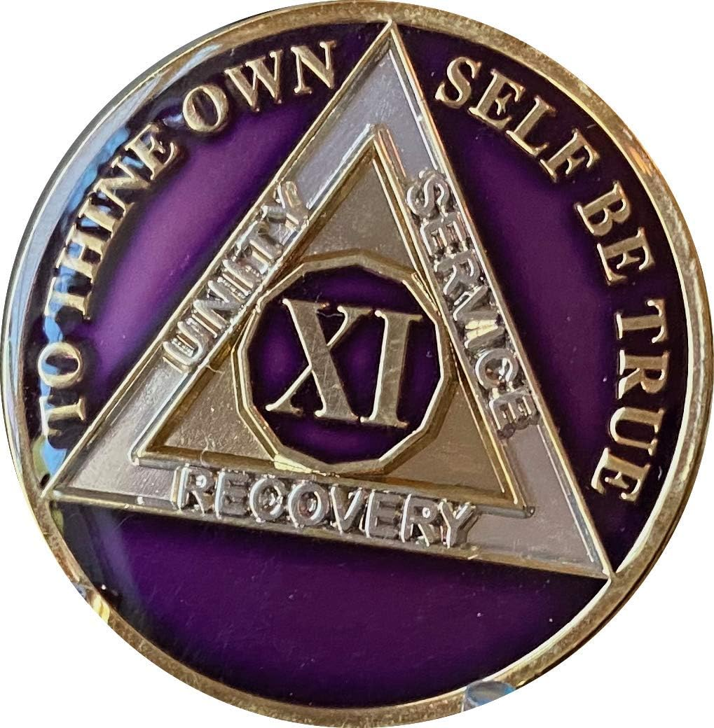 11 Year AA Medallion Metallic Purple Tri-Plate Sobriety Chip Serenity Prayer Back image number 3