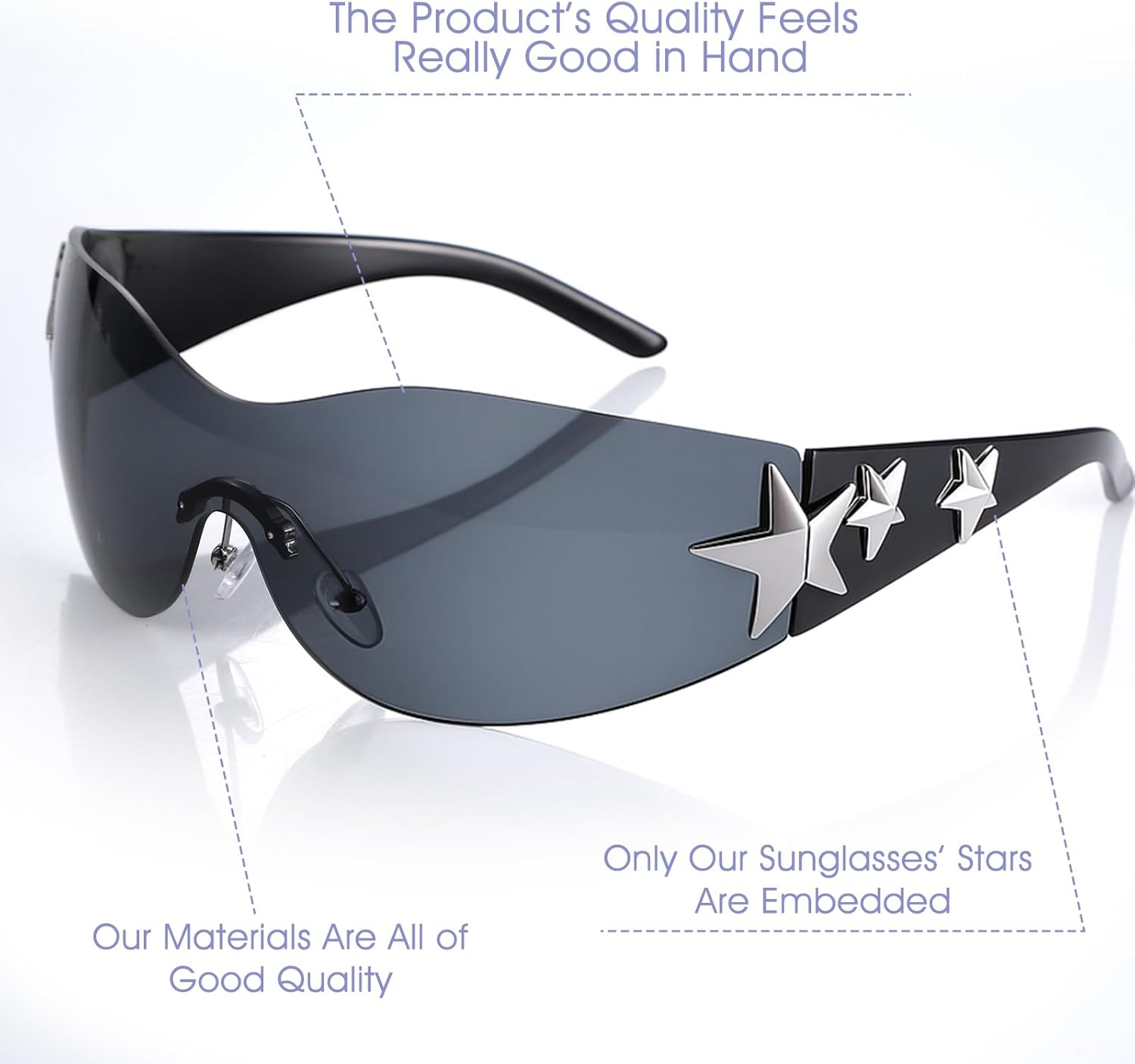 Heclia Y2K Sunglasses for Women Men Trendy Shield Wrap around Sun Glasses Large Rimless Star Sunglasses - Black image number 2