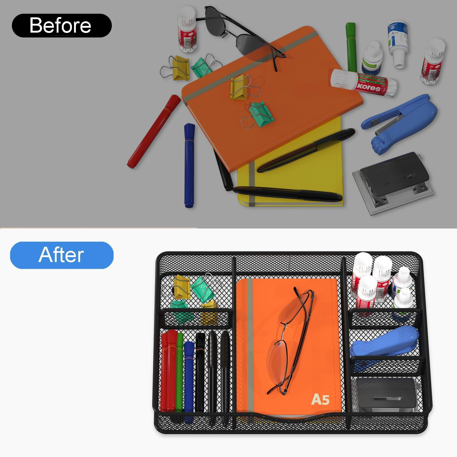 Vygrow Desk Drawer Organizer, Metal Mesh Drawer Organizer Tray with 6 Adjustable Compartment, Tray Organizer for Desktop, Kitchen, Bathroom, Makeup, Vanity - 14.5X8.8X1.96 Inch, Black, 1PC Large - Black image number 4