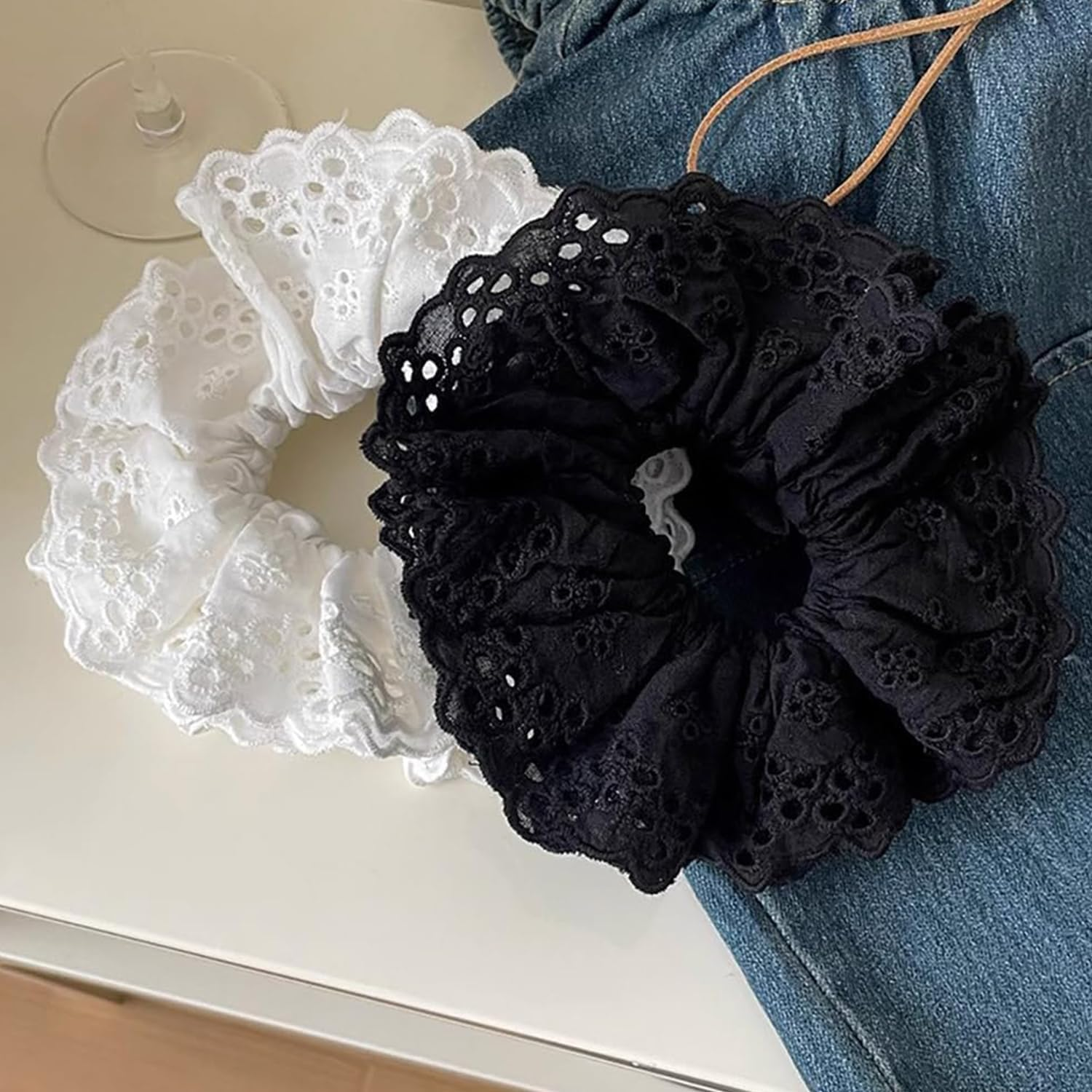 Large Lace Hair Scrunchies, 2Pcs White Lace Scrunchies Large Hair Scrunchies, Lace Double Layer Fancy Satin Hair Scrunchies image number 1