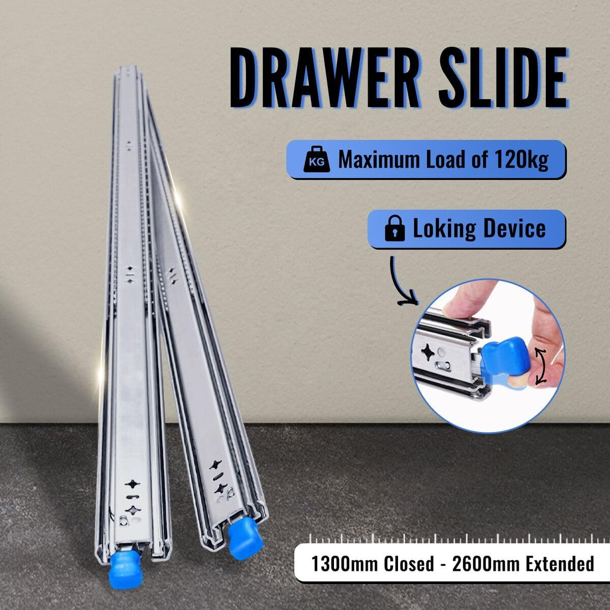 Shogun Drawer Runners Heavy Duty Slides Rails Cabinet Guide Locking Ball Bearing Track 120Kg Full Extension 1300 to 2600Mm Metal Trailer RV Camper Toolbox image number 6
