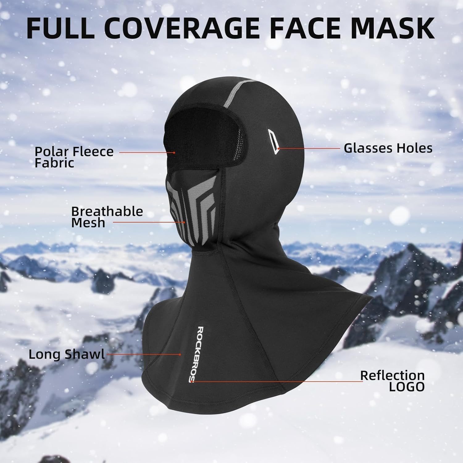 ROCKBROS Winter Balaclava Ski Mask Men&rsquo;S Balaclava Warm Breathable Neck Gaiter for Sports Cold Weather Black image number 2