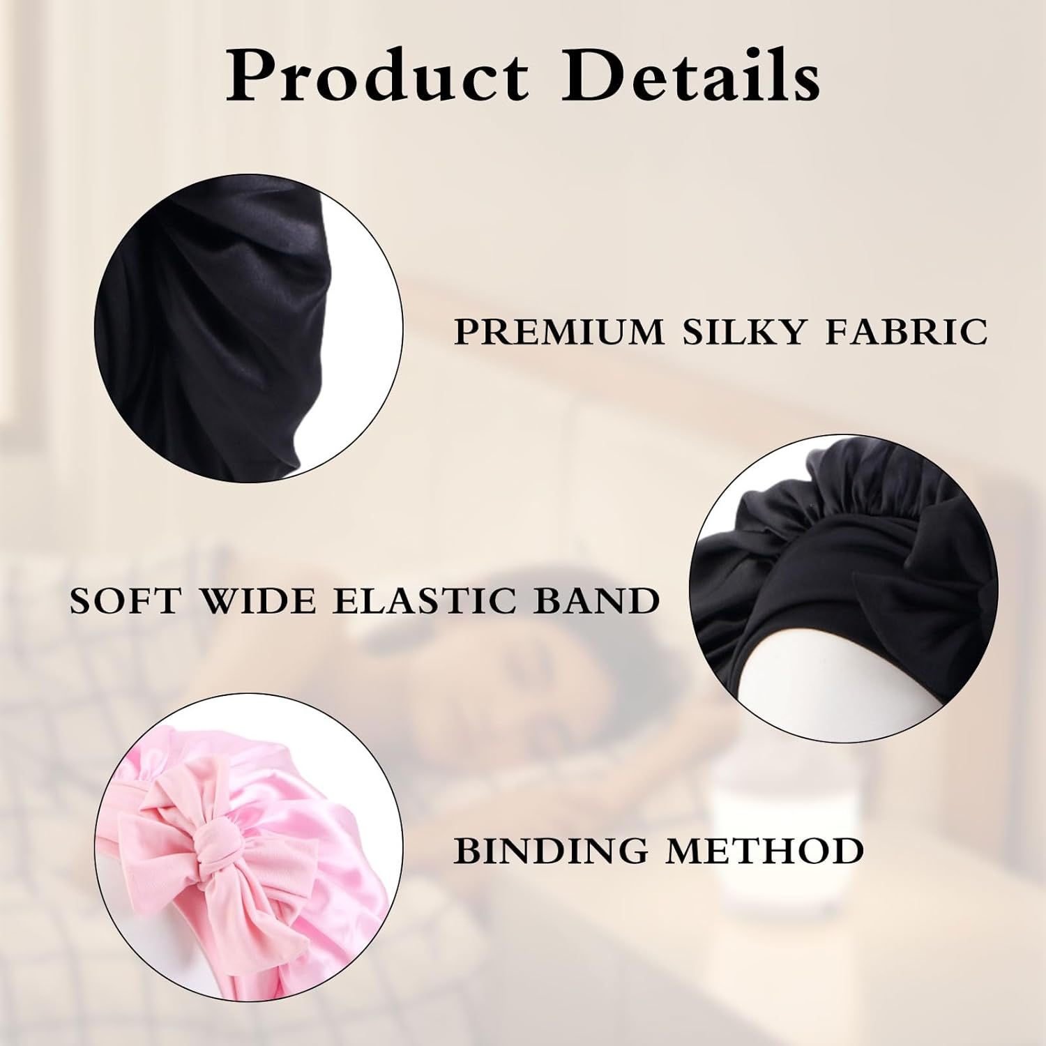 2Pcs Silk Satin Bonnet,Silk Hair Wrap for Sleeping,Silk Bonnet Hair Wrap for Sleeping,Tie Band for Women Long Curly,Silk Bonnet Sleep Cap for Curly Hair Perfect for Women Washing, Makeup, Sport, image number 2