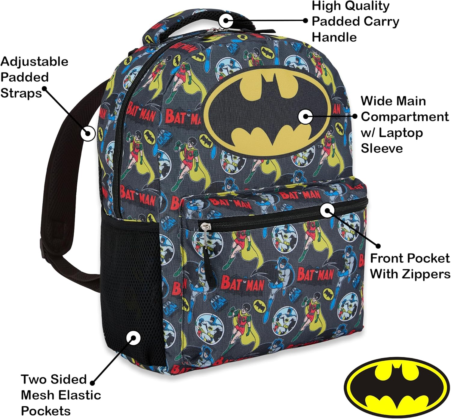 DC Comics Kids Batman Backpack - Batman, Superman, the Joker Bookbag for Boys Girls Toddlers and Adults School Bag image number 3