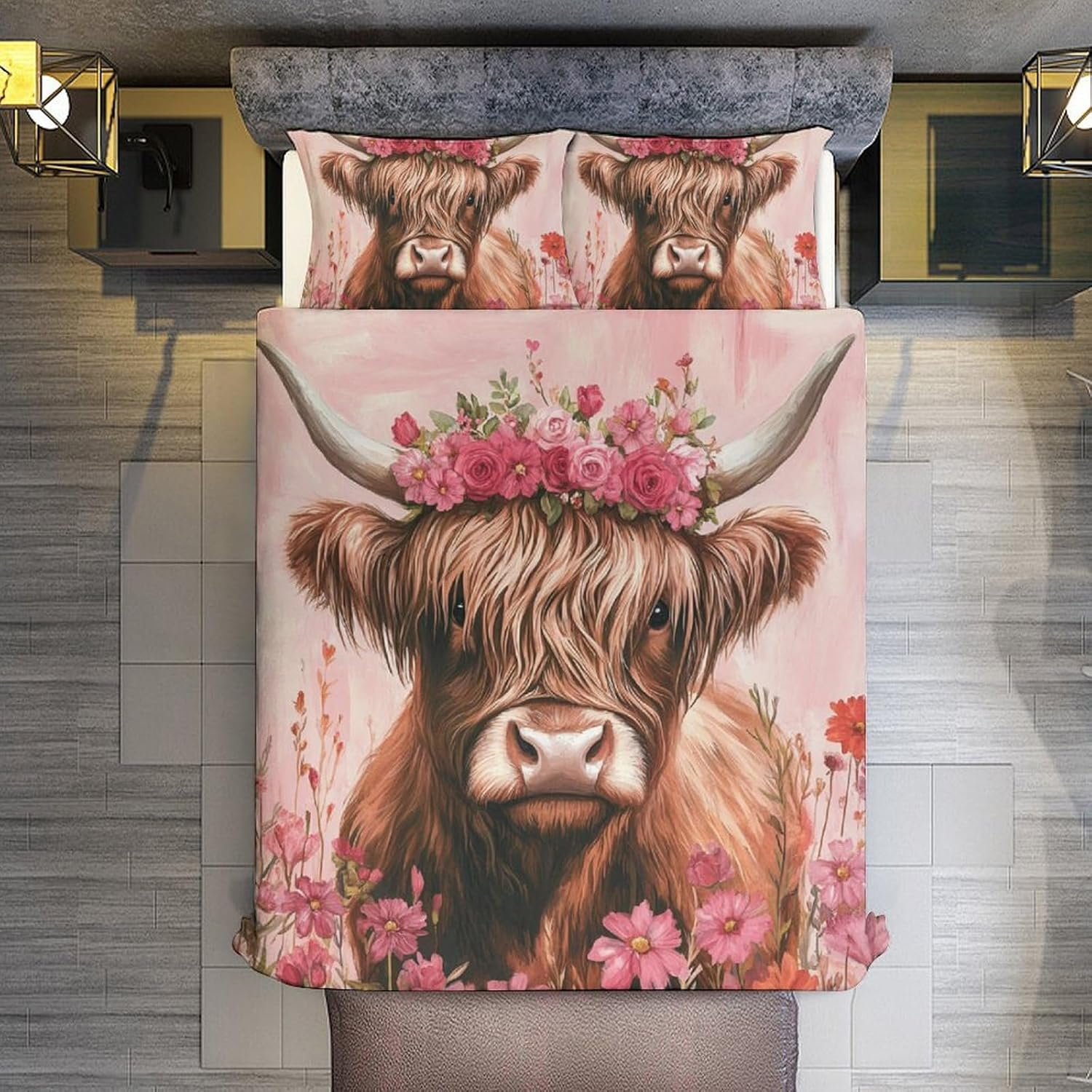 Highland Cow Duvet Cover Sets Bedding Set Cartoon Animal Comforter Cover with Hidden Zipper 3 Pieces Soft Microfiber Quilt Cover with Pillowcase,Queen（210X210Cm） image number 6