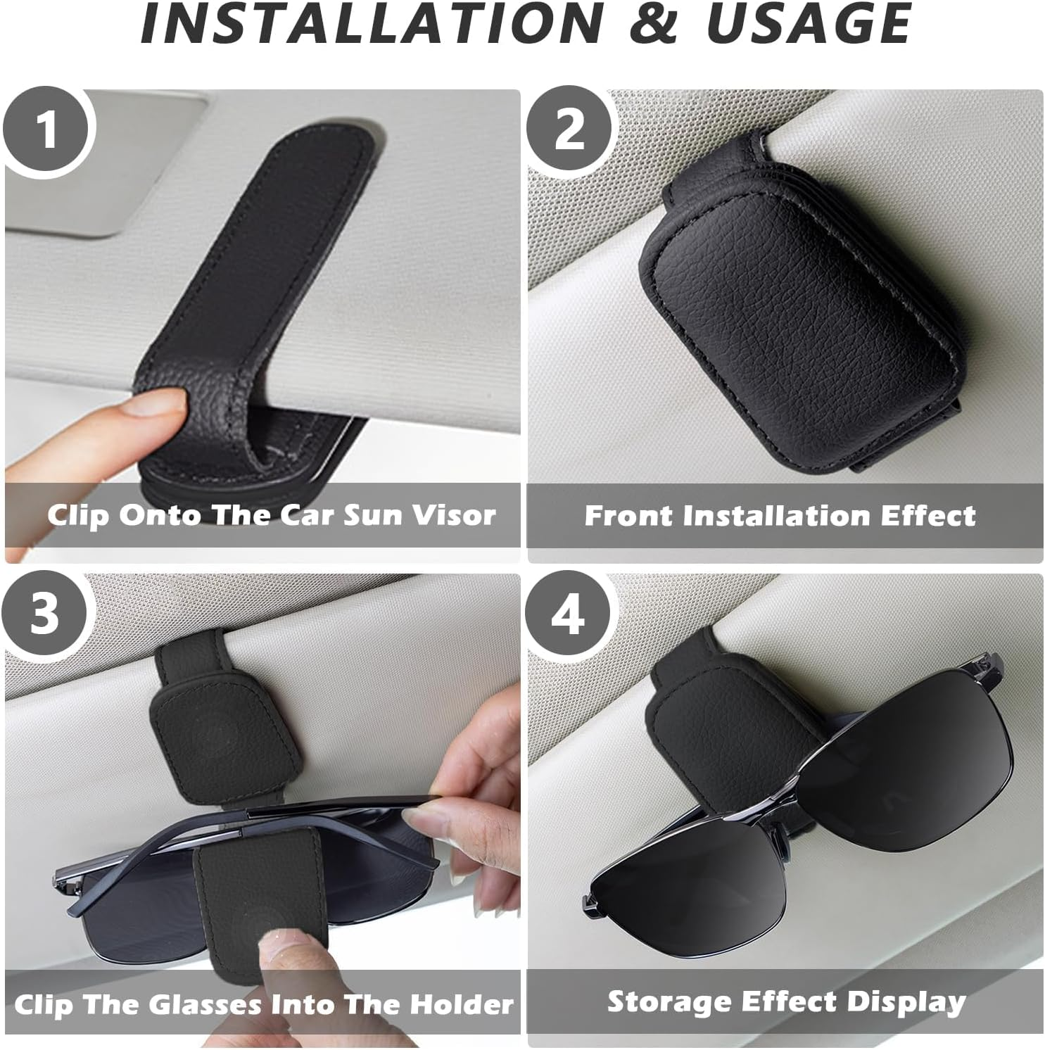 Car Essentials Set: Black PU Leather Tissue Holder (100-150 Tissues) + 2-Pack Magnetic Sunglasses Holders for Visor - Interior Automotive Accessories for Women, Keep Tidy