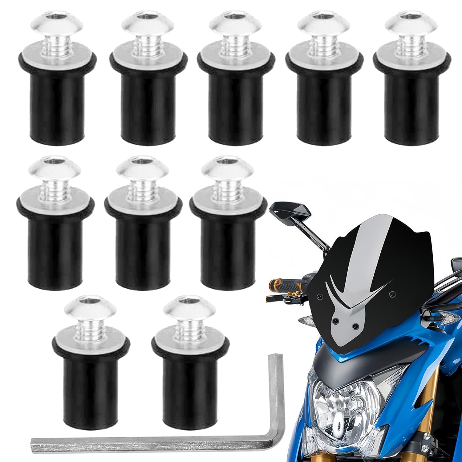 Xinghonyac 10 Pcs Motorcycle Windshield Bolts Screws Kit, Windshield Body Mounting Bolts Nuts for Motorcycle, Aluminum Motorbike Windscreen Screw Bolts Nuts Fastener Kit with Wrench (Black)