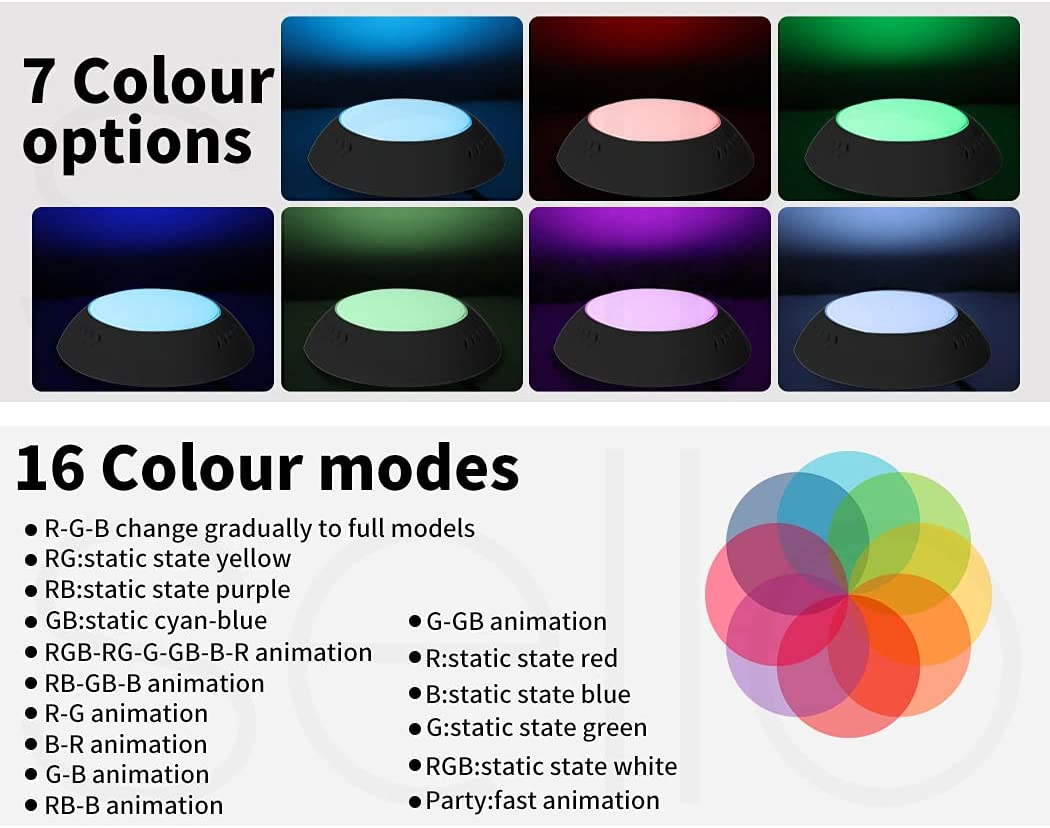 EMITTO 12-32V 30W Resin Filled Underwater LED Swimming Pool Lights,7 RGB Light Colour with 16 Lighting Mode,Ip68 Waterproof Spa Lamp,3000K-6500K,For Indoor Outdoor Swimming Pool image number 6