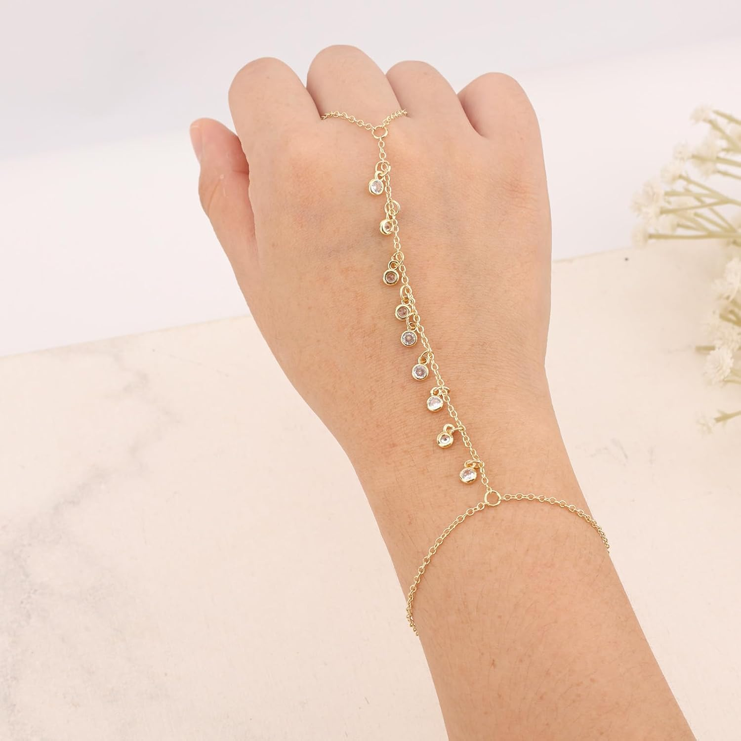 Gold Plated Women'S Bracelet, Gold Plated Hand Chain Finger Ring Bracelet Hand Chain Bracelet for Women Fashion Jewelry Gift Accessories, Medium, No Gemstone image number 3