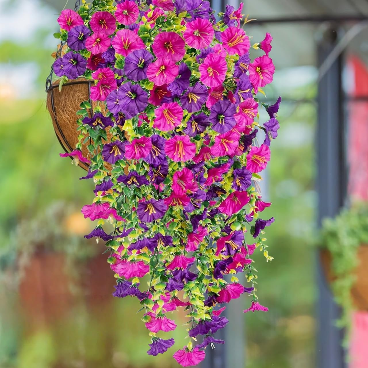 4 Pack Artificial Hanging Flowers, Fake Flower Morning Glory with Eucalyptus Leaves for Spring Summer Decoration, UV Resistant Look Real for Outdoor Home Indoor Planter Porch Patio Balcony Yard Decor image number 3