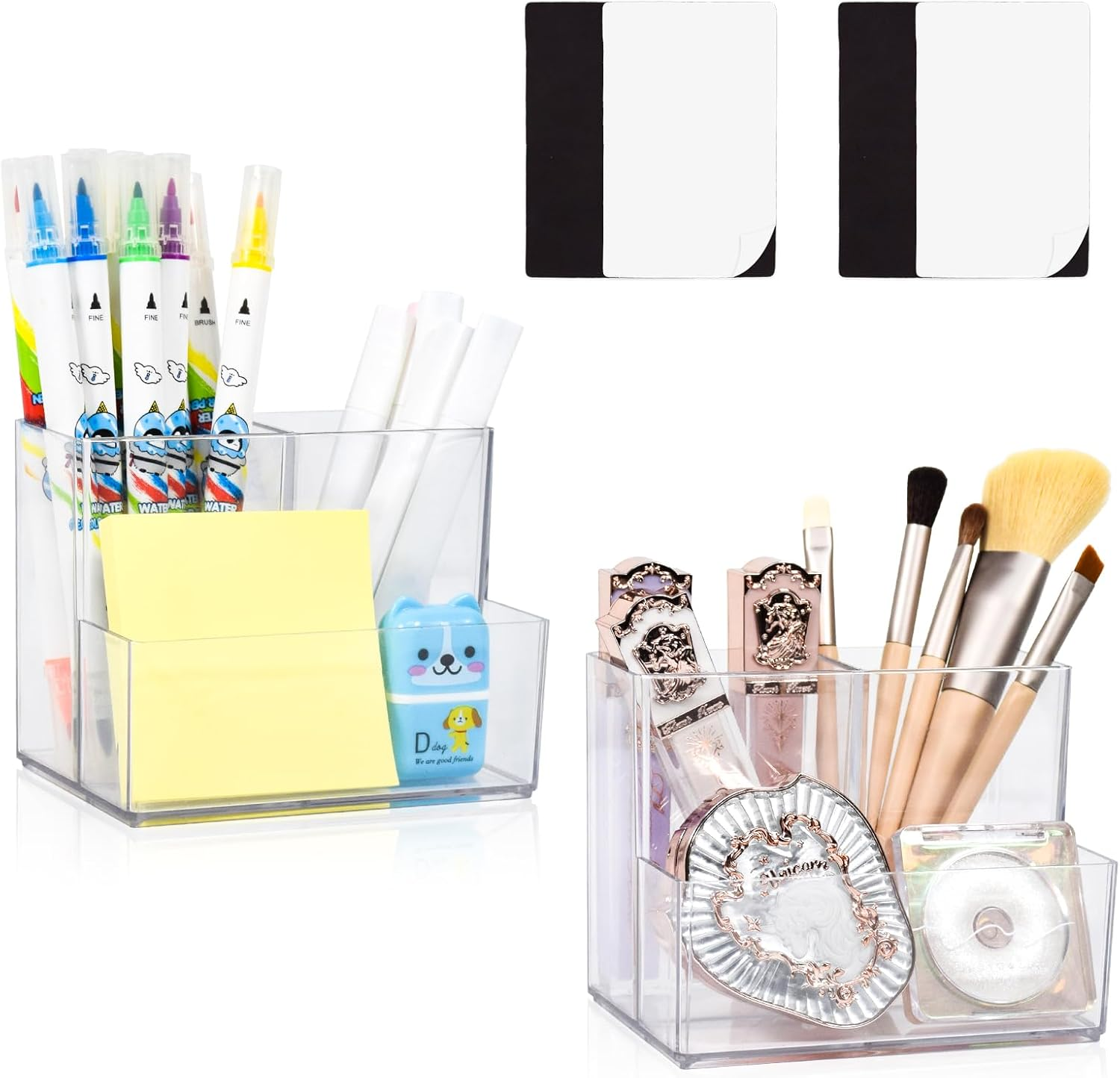 Marte Vanci Pen Pencil Holder, Acrylic Pen Holder Clear Makeup Brush Holder Desk Organiser Pen Pot Stationery Art Supply Storage with 2 Magnetic Squares Desktop Accessories 3 Slots Clear 1 Pack