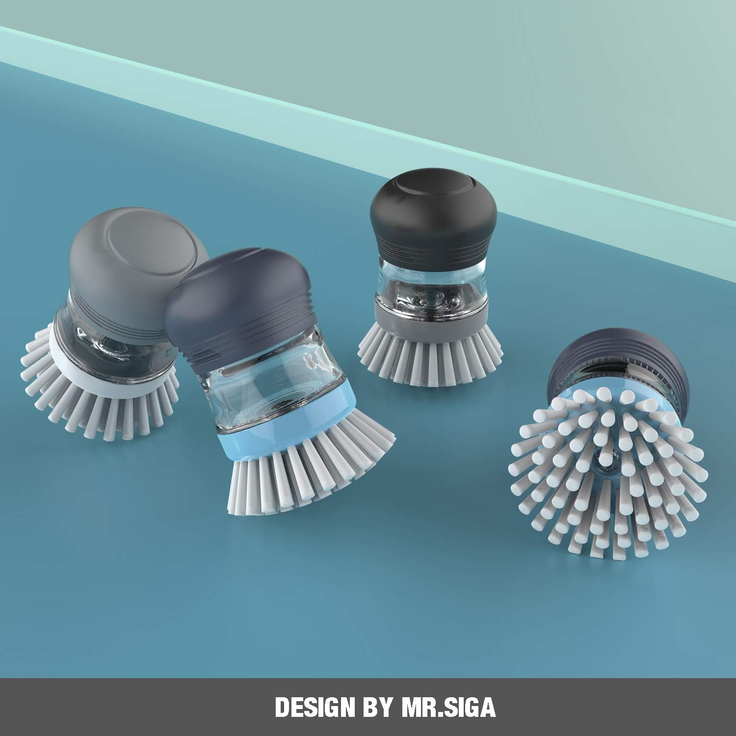 MR.SIGA Soap Dispensing Palm Brush, Kitchen Brush for Dish Pot Pan Sink Cleaning, Pack of 2, Navy/Blue image number 3