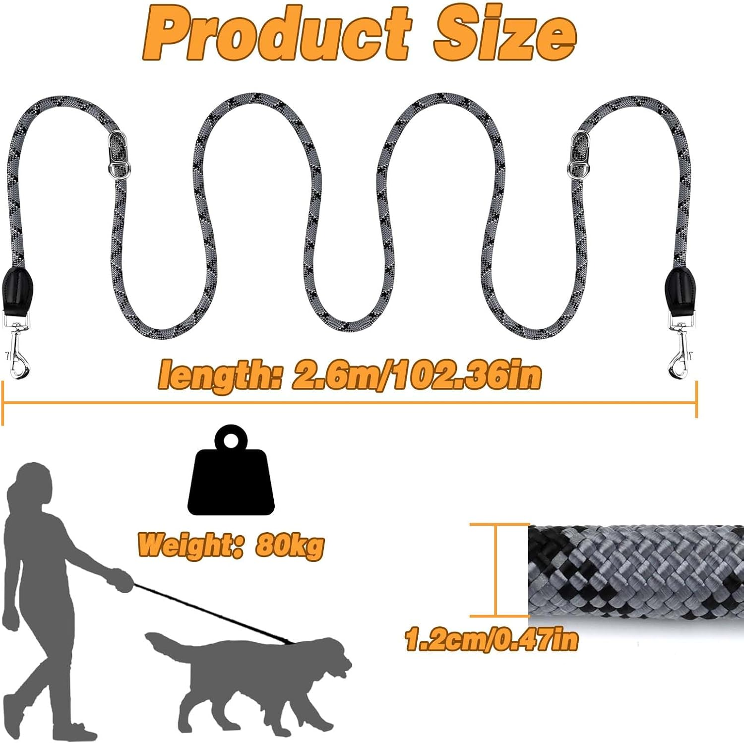 Dog Lead with 2 Carabiners, 2 Rings, Reflective, Adjustable Double Lead, 2.6 M Multifunctional Dog Lead for Large and Medium Dogs image number 4