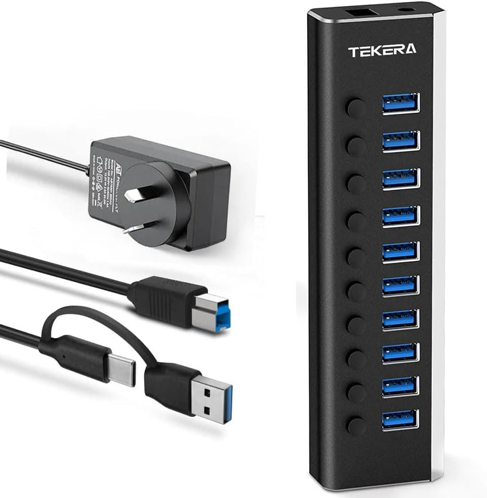 Powered USB Hub, TEKERA 10 Port USB 3.0/USB C Hub Aluminum USB Port Expander with 2-In-1 USB Cable, 5V Power Adapter and Individual Switches, USB Hub 3.0 Splitter for Laptop and PC image number 3