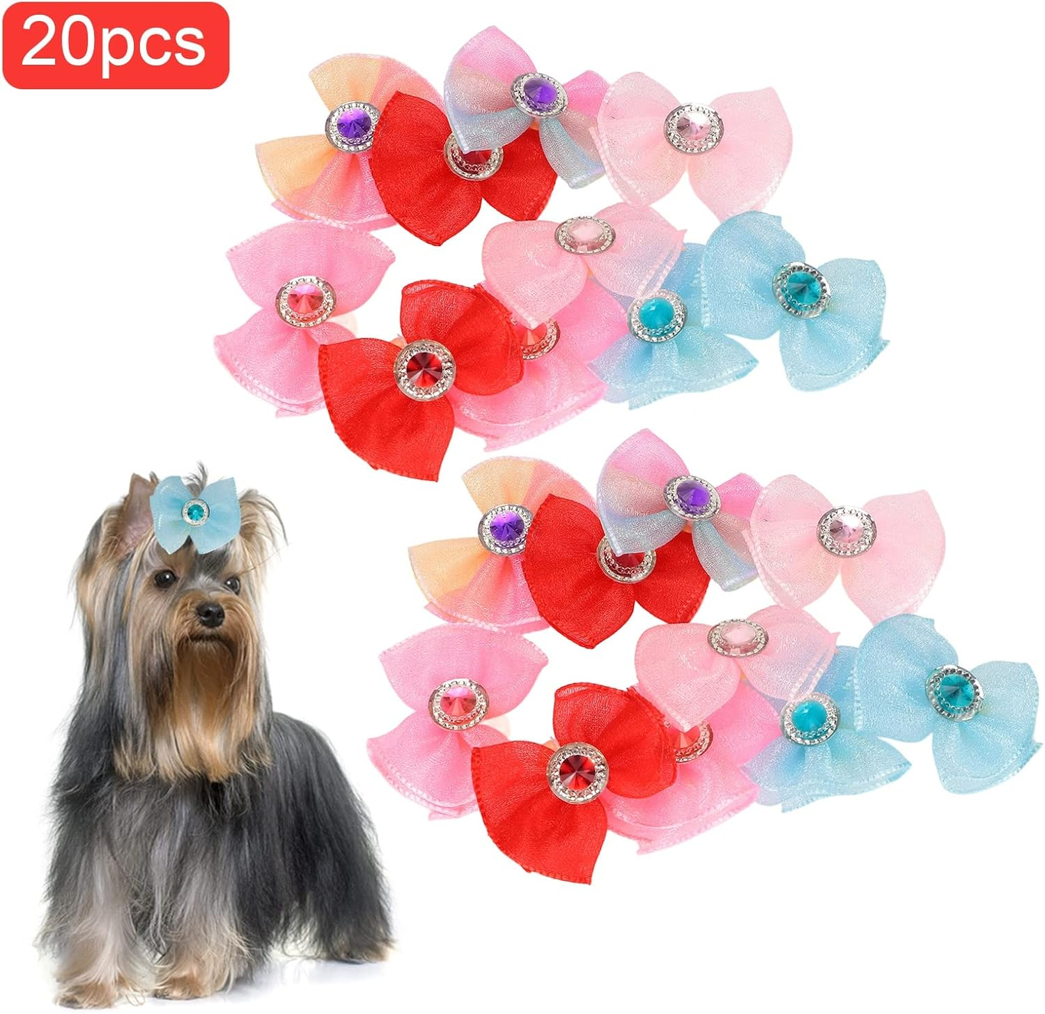 20Pcs Dog Bows, 10 Pairs Yorkie Dog Puppy Hair Bows with Rubber Bands, Elastic Multicolor Rhinestone Beads Cute Pet Small Dog Hair Bowknot Grooming Accessories for Dogs image number 5