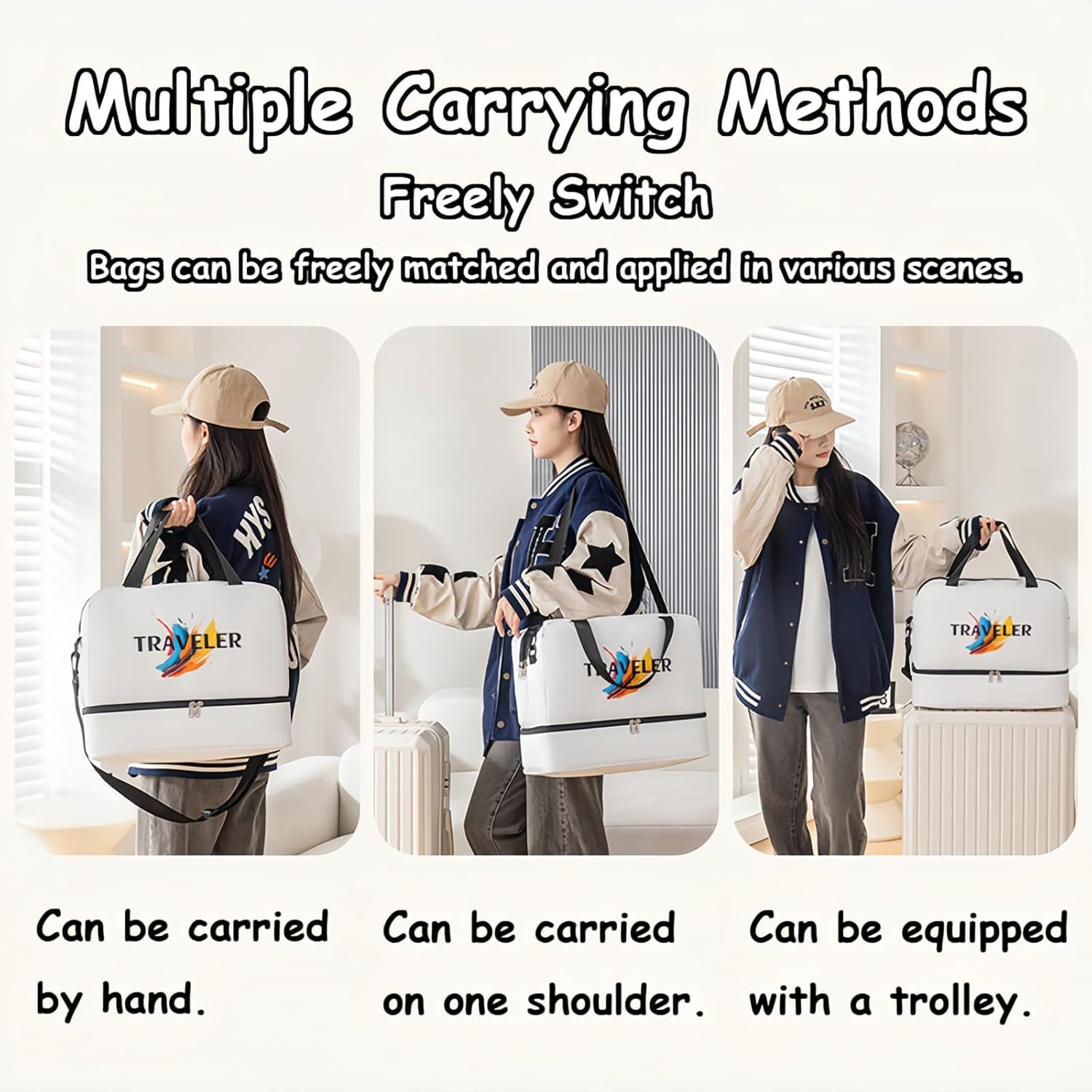 Taoluwin Travel Duffle Bag, Large Capacity Weekender Bag, Dry and Wet Separation Overnight Travel Bags, Water-Resistant Carry on Bags for Travel, Gym, and Swimming (White) image number 1