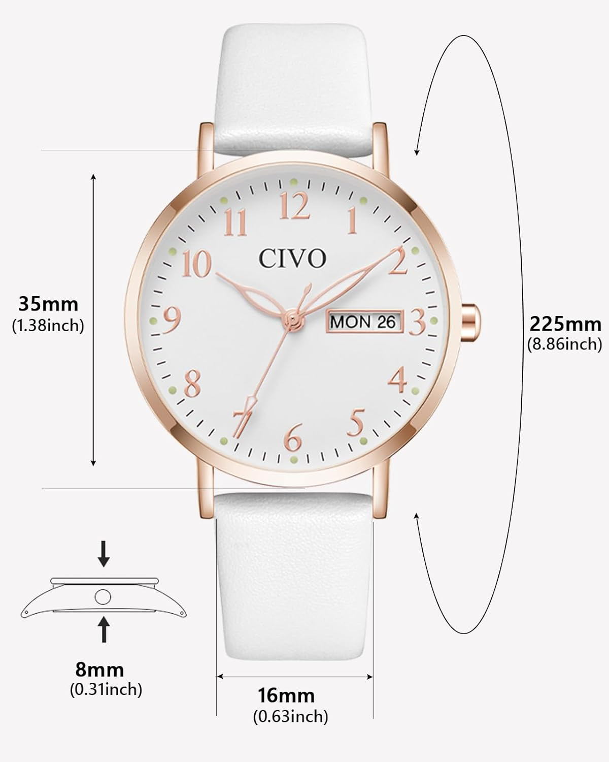 CIVO Ladies Watches for Women Leather Strap Analog Easy to Read Large Face Date Wrist Watch Waterproof Fashion Simple Elegant Quartz Watch - A White image number 5
