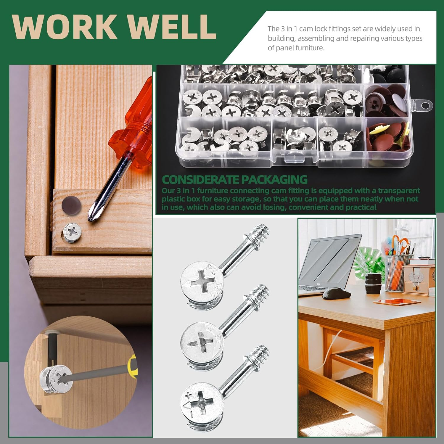 Keadic 120Pcs Furniture Connecting Cam Lock Fittings Assortment Kit with Plastic Screw Cover Caps, Joint Connector Nut Cabinet Connectors Hardware Bolts for Wardrobe Drawer Closets Bed image number 6